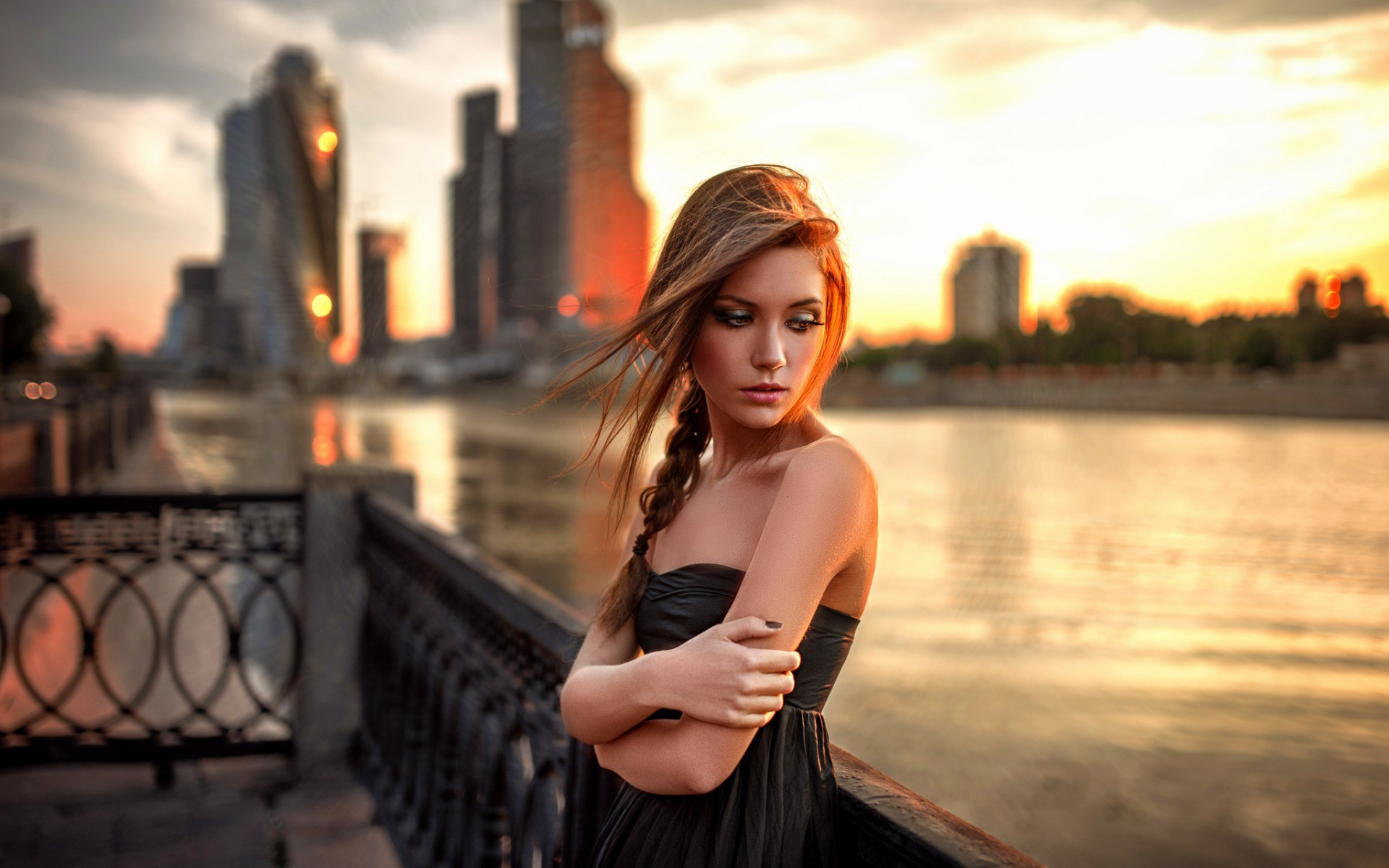 Women Women Outdoors Redhead Portrait Bare Shoulders Black Dress Depth Of Field Looking Away Open Mo 1920x1200