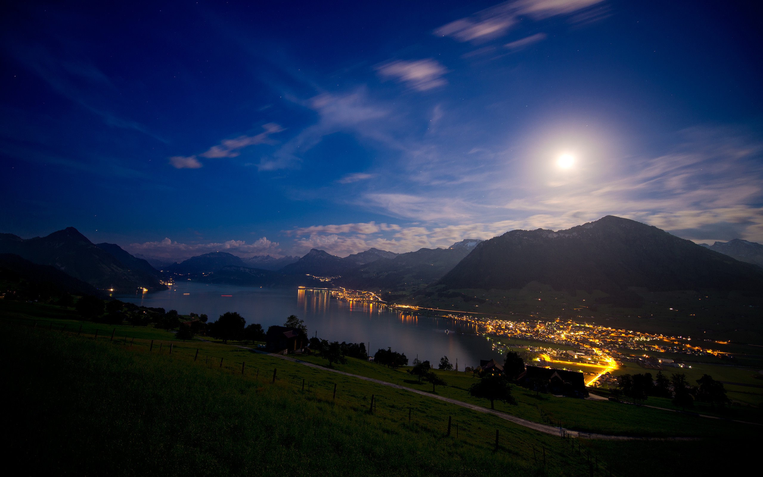 Landscape Luzern Lake City Lights Night Mountains 2560x1600