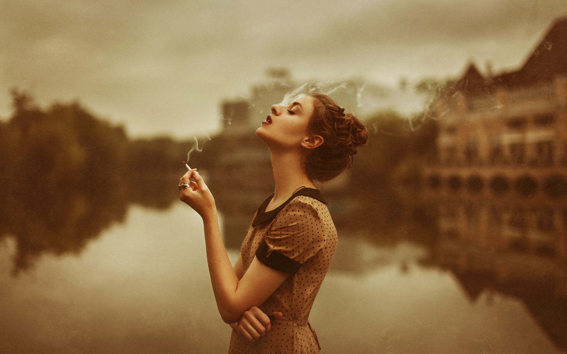 Smoking Women Outdoors Polka Dots Cigarettes Closed Eyes Looking Up Women Sepia Arms On Chest 1920x1200