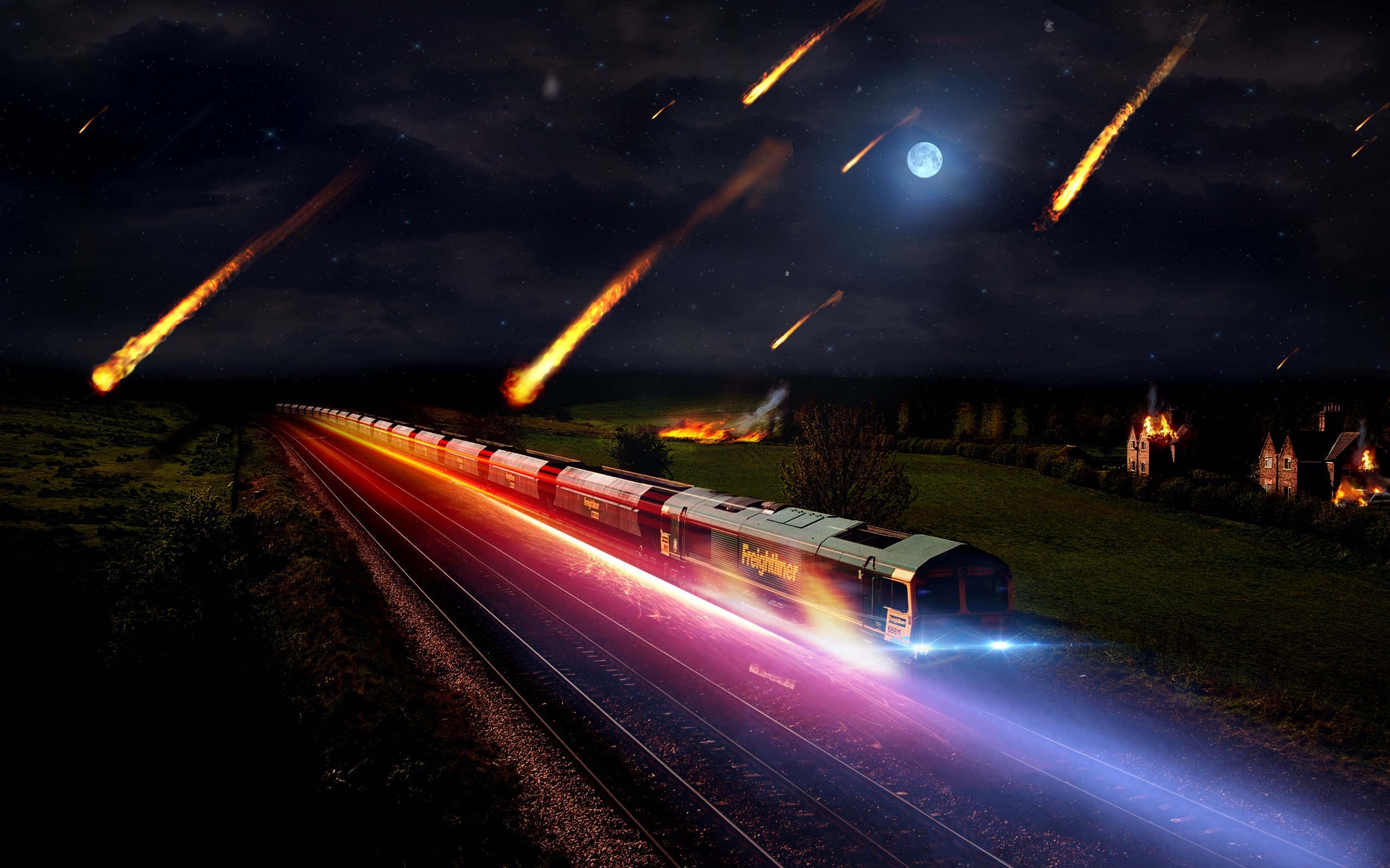 Digital Art Train Vehicle Night Sky Moon Meteorite Sky Fire 2560x1600
