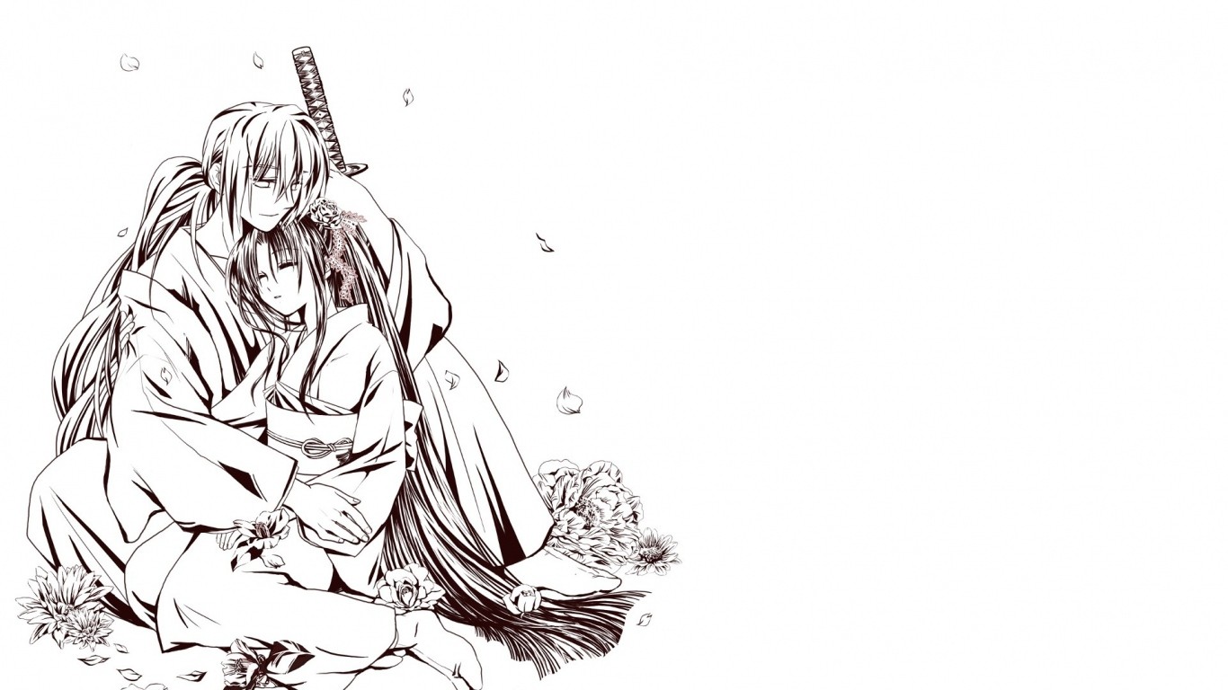 Rurouni Kenshin Himura Kenshin Katana Anime Anime Girls Anime Boys Flowers Monochrome 1366x768