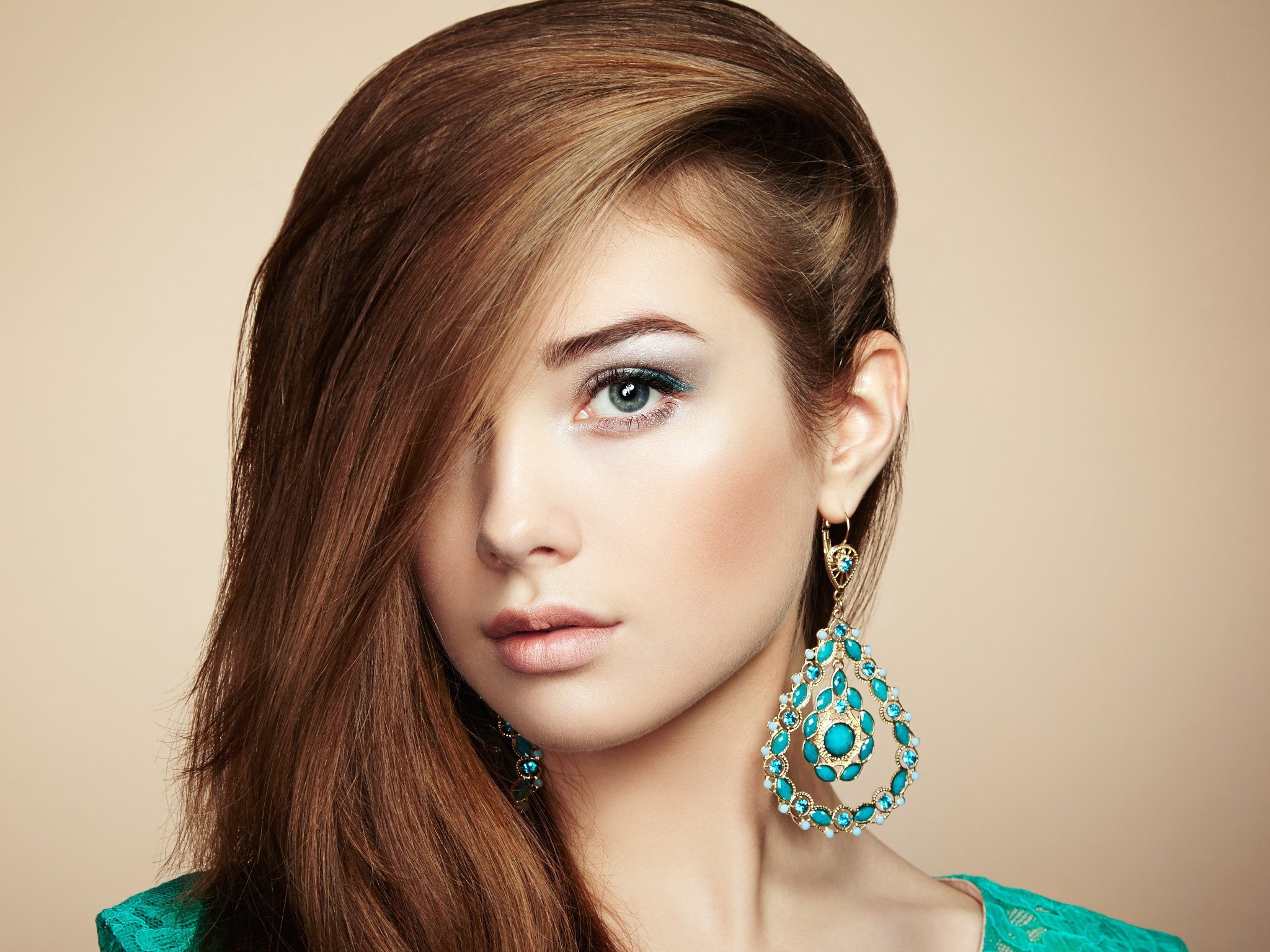 Women Face Oleg Gekman Redhead Long Hair Hair In Face Brunette Looking At Viewer Alexandra Brutskaya 2048x1536