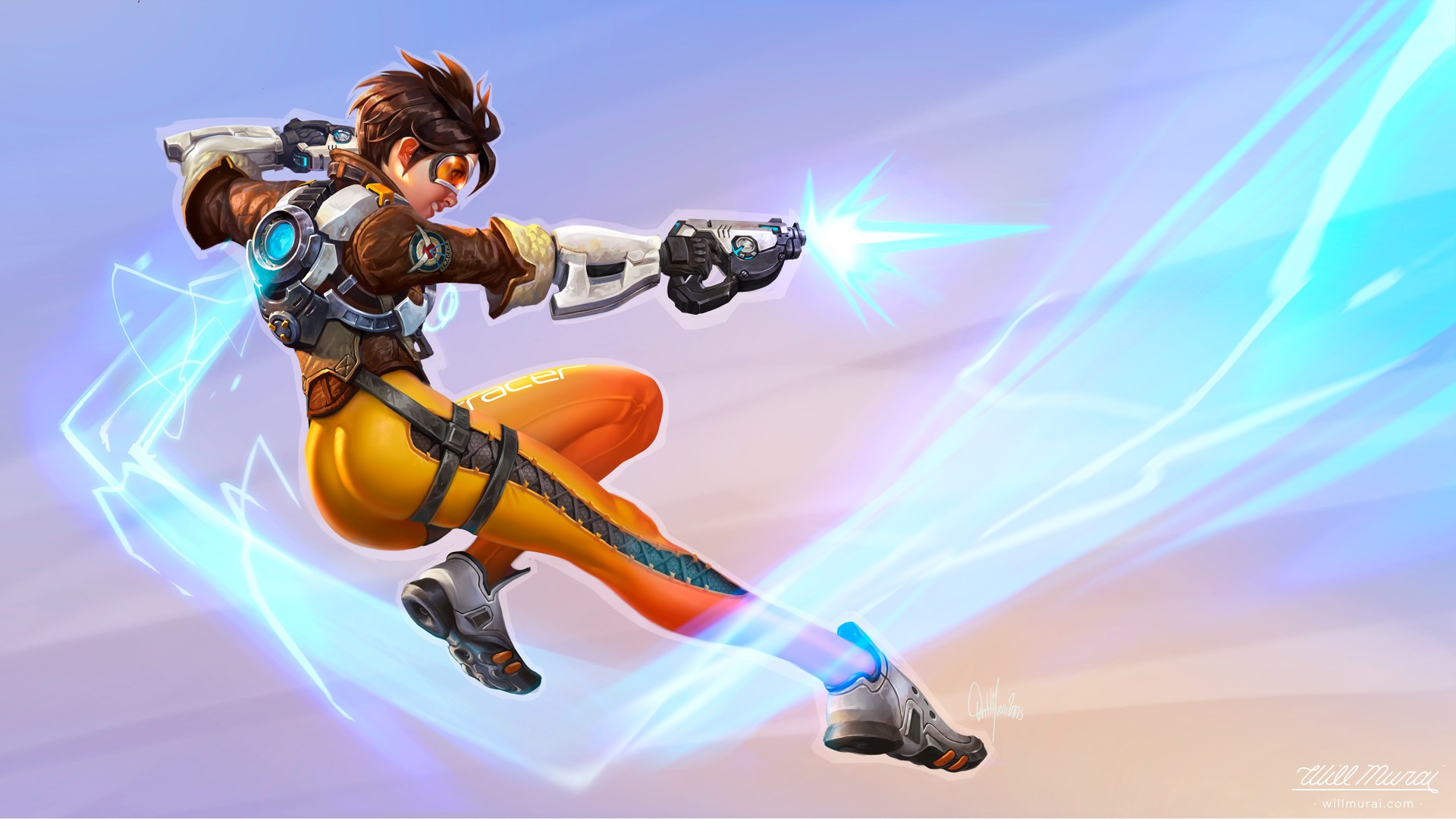 Simple Background Short Hair Science Fiction Suits Weapon Legs Dark Hair Overwatch Tracer Overwatch  1920x1080