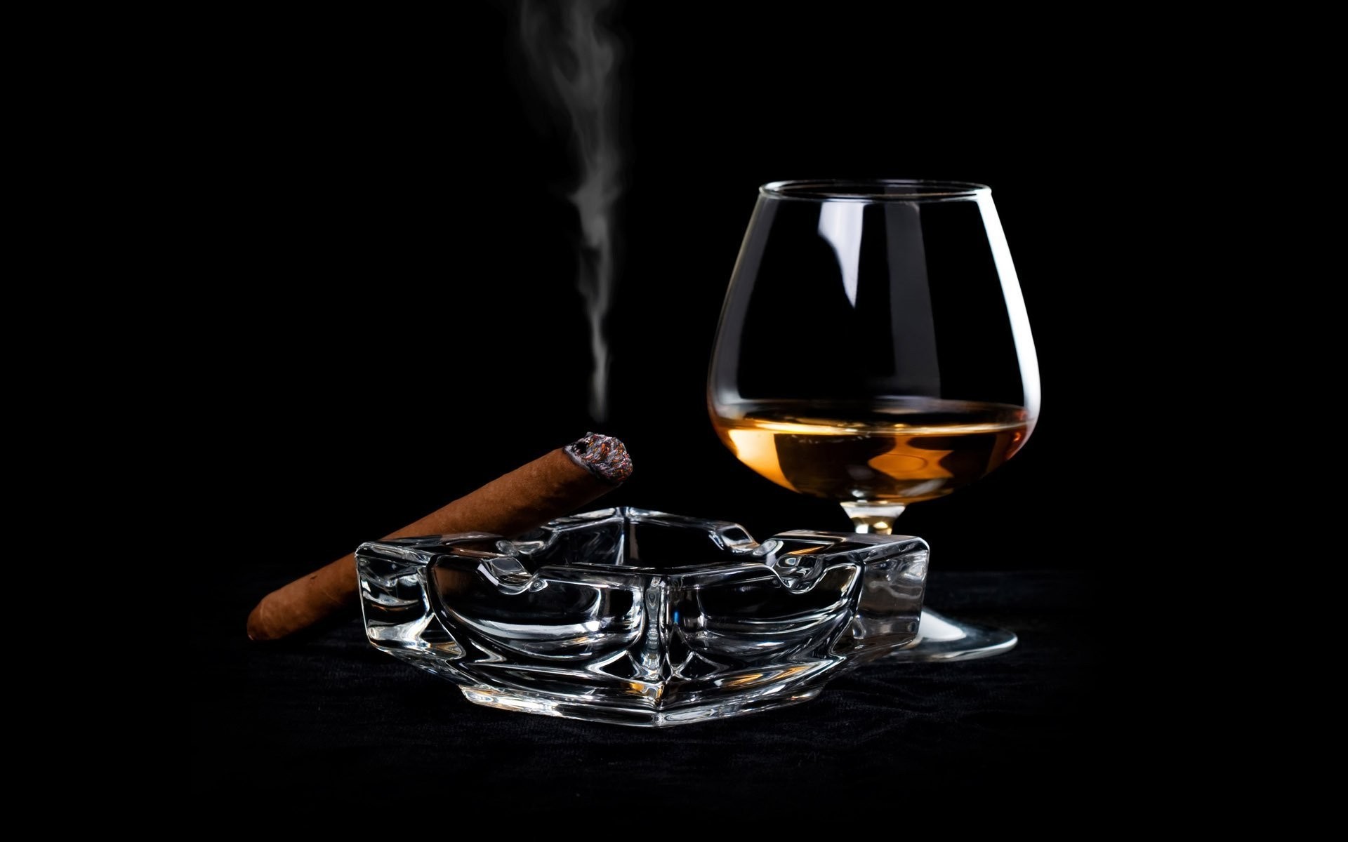 Drink Cognac Cigars Black Background Black Ash Smoke 1920x1200