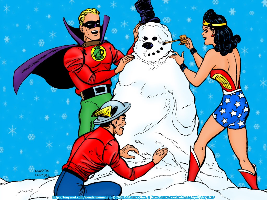 Green Lantern The Flash Wonder Woman DC Comics Cyan Humor Snowmen 1024x768