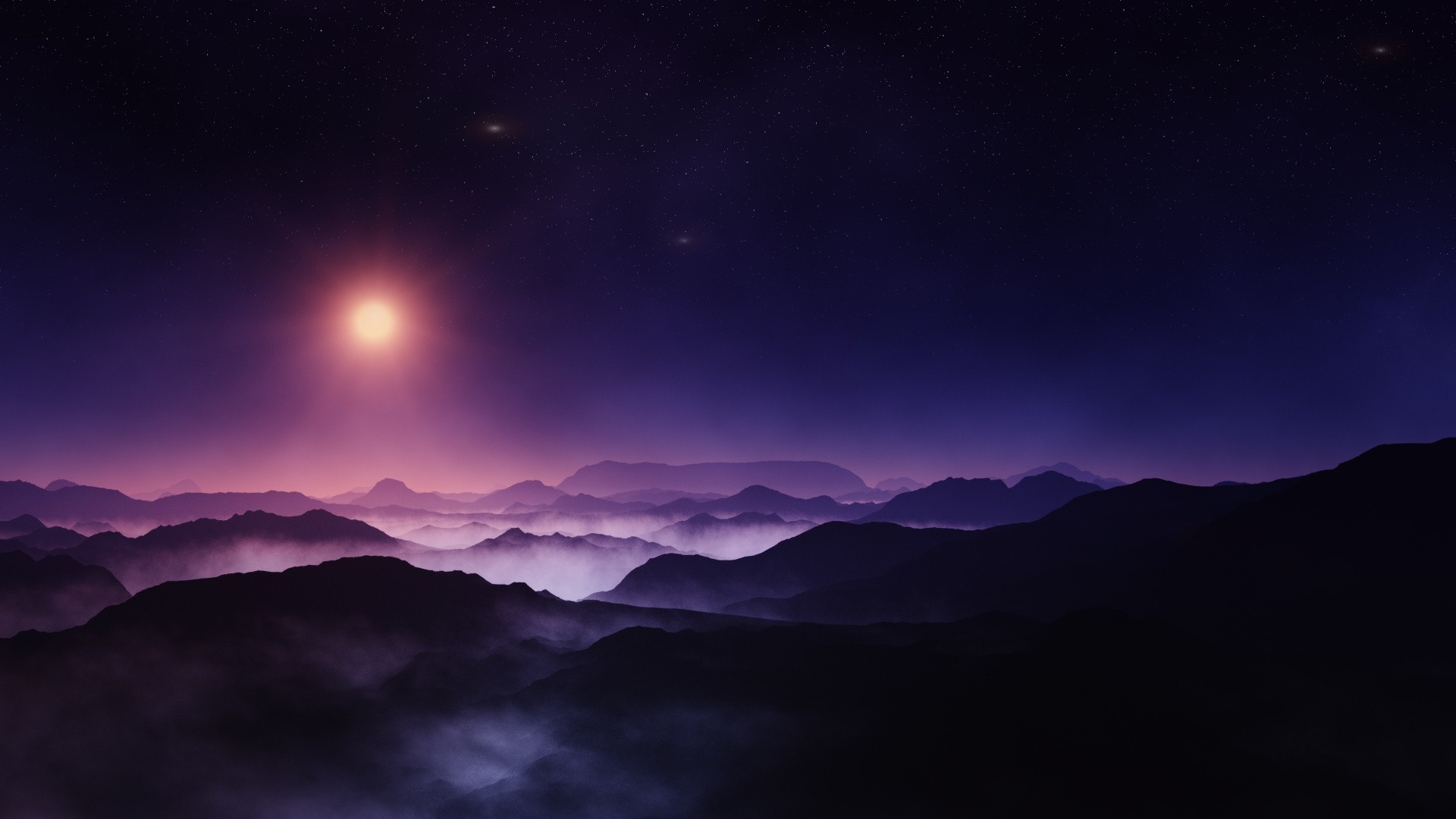 Nature Landscape Midnight Sun Mountains Starry Night Mist Violet 1920x1080