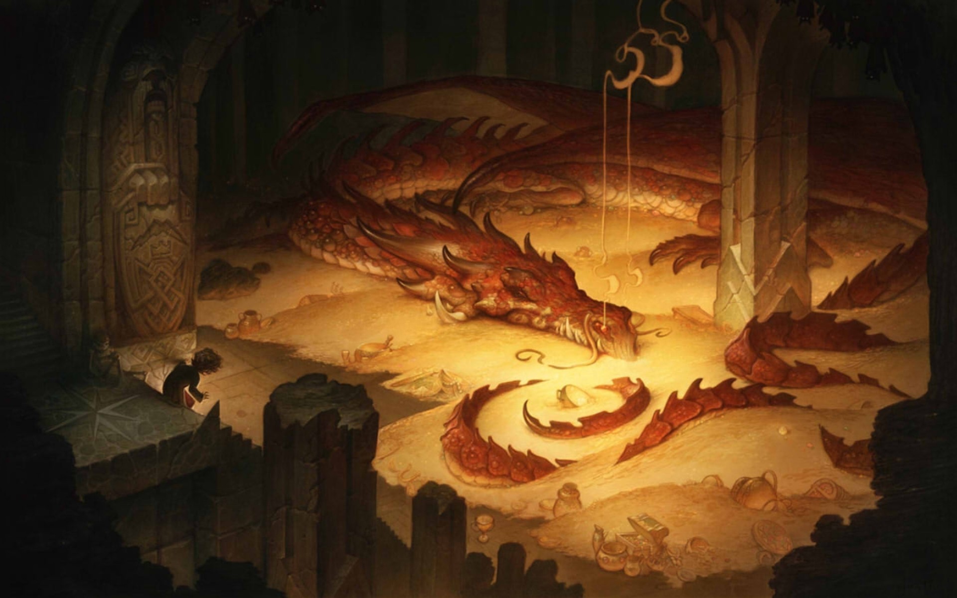 The Hobbit The Hobbit The Desolation Of Smaug Bilbo Baggins Smaug Gold Dragon Fantasy Art 1920x1200