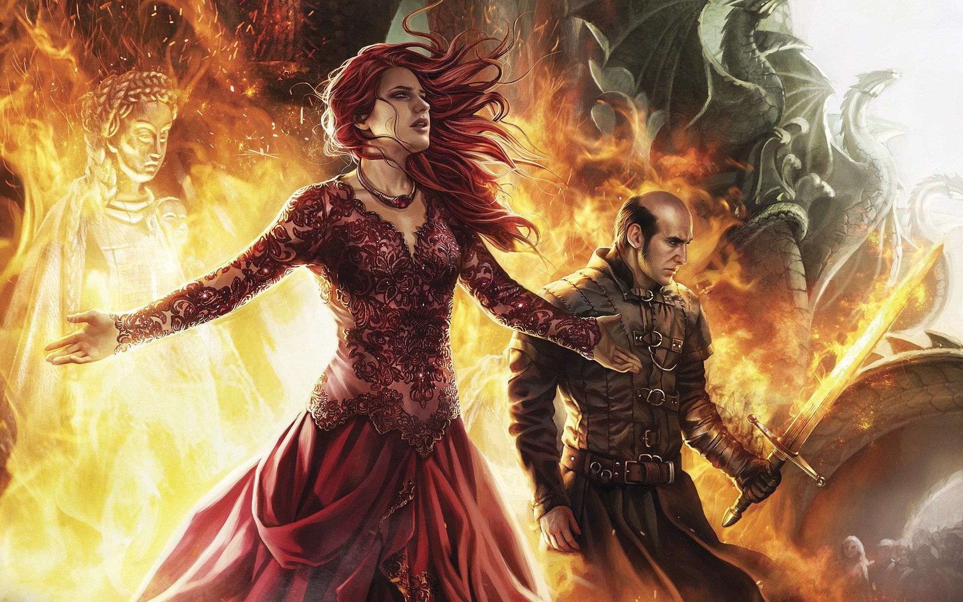 Artwork Fantasy Art Game Of Thrones Fire Statue Dragon Sword Women Redhead Dress Red Dress Melisandr 1920x1200