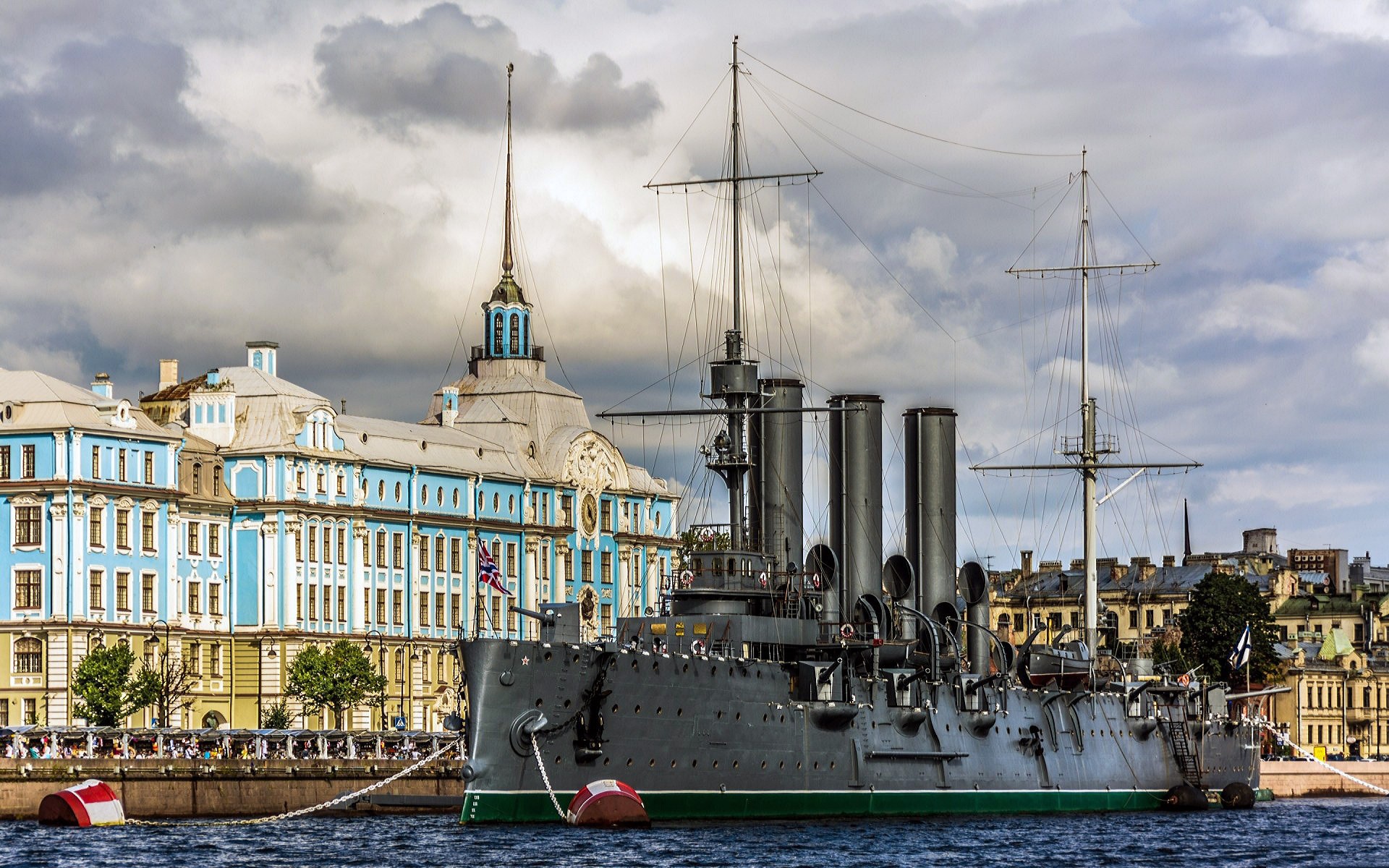 Ship Clouds Water Aurora St Petersburg Russia Building Shipyard Chains Flag City Battleships Old Bui 1920x1200