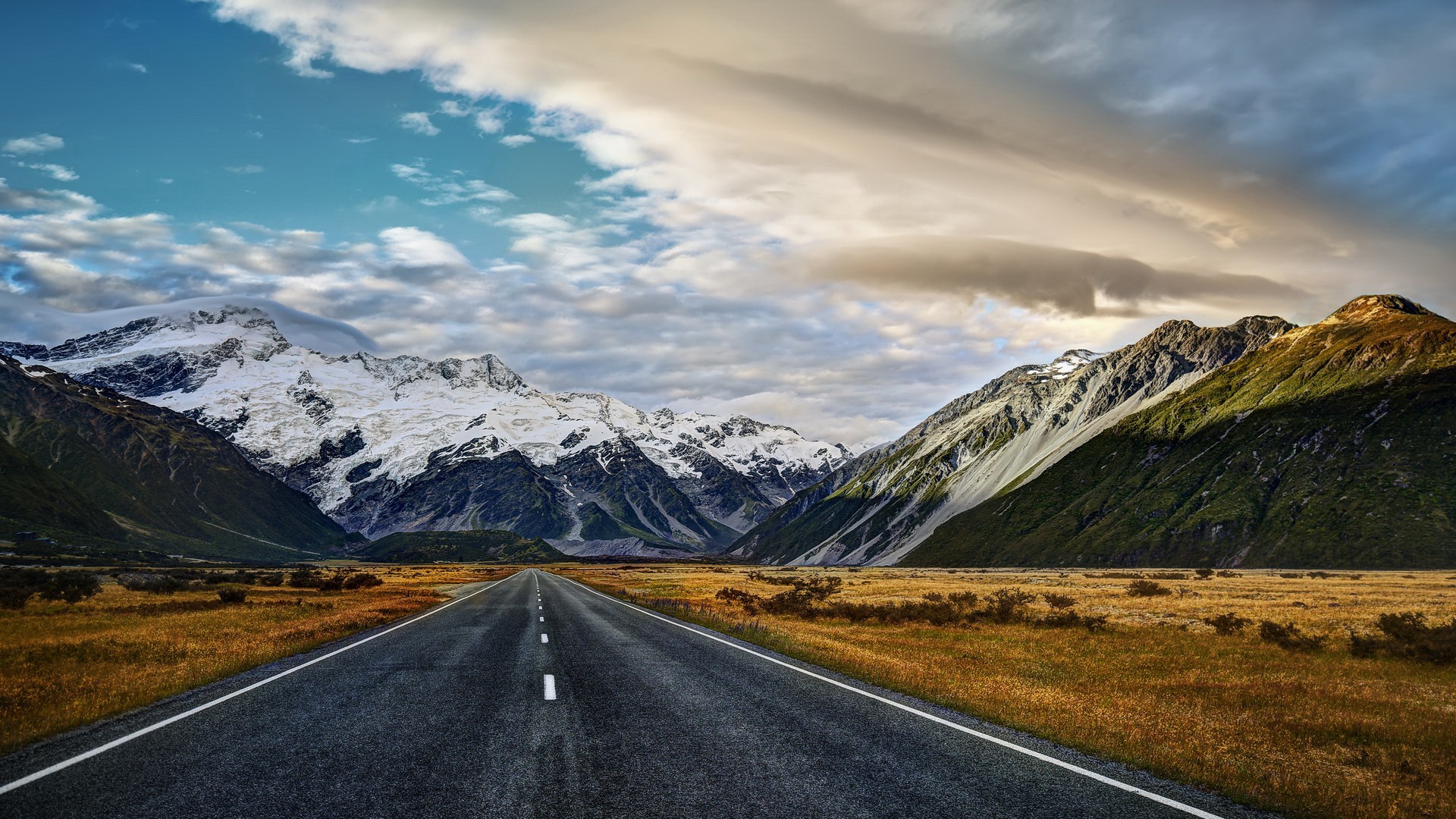 Landscape Road Mountains Snowy Mountain Valley Mount Cook New Zealand 1920x1080