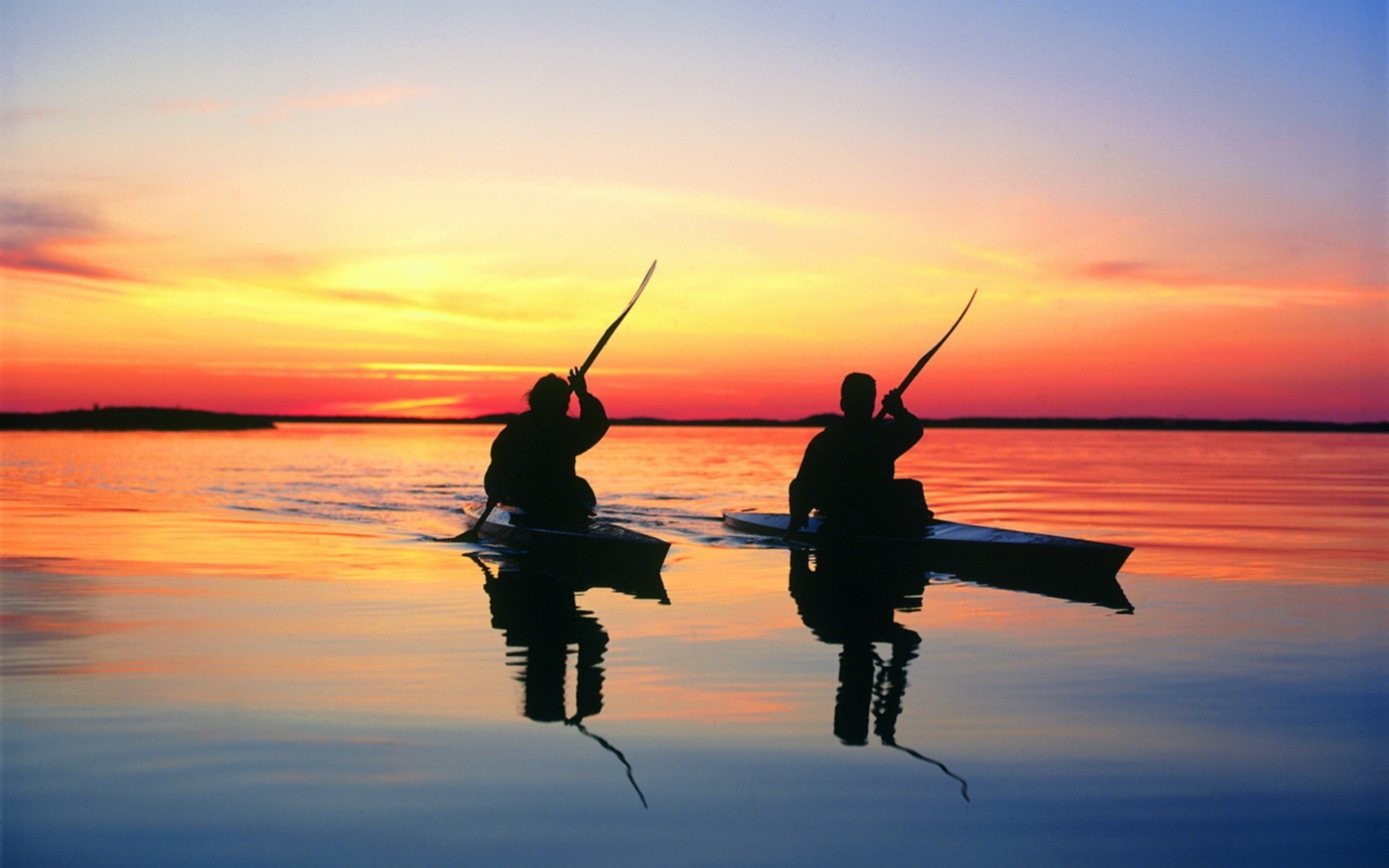 Landscape Sunset Lake Canoes Sky Sunlight Water 1920x1200