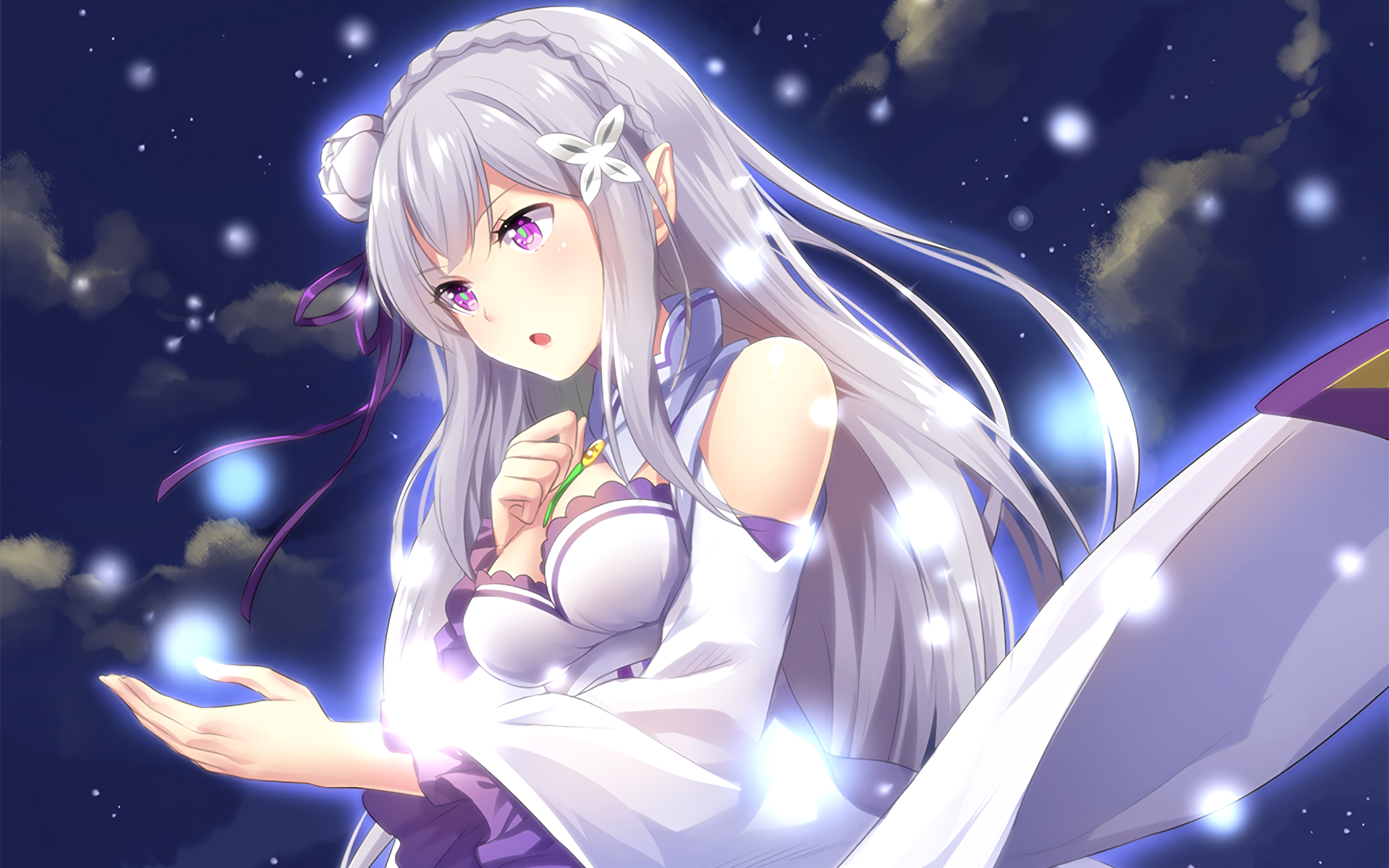 Re Zero Kara Hajimeru Isekai Seikatsu Emilia Re Zero White Hair Souls Sky Clouds Purple Eyes 1920x1200