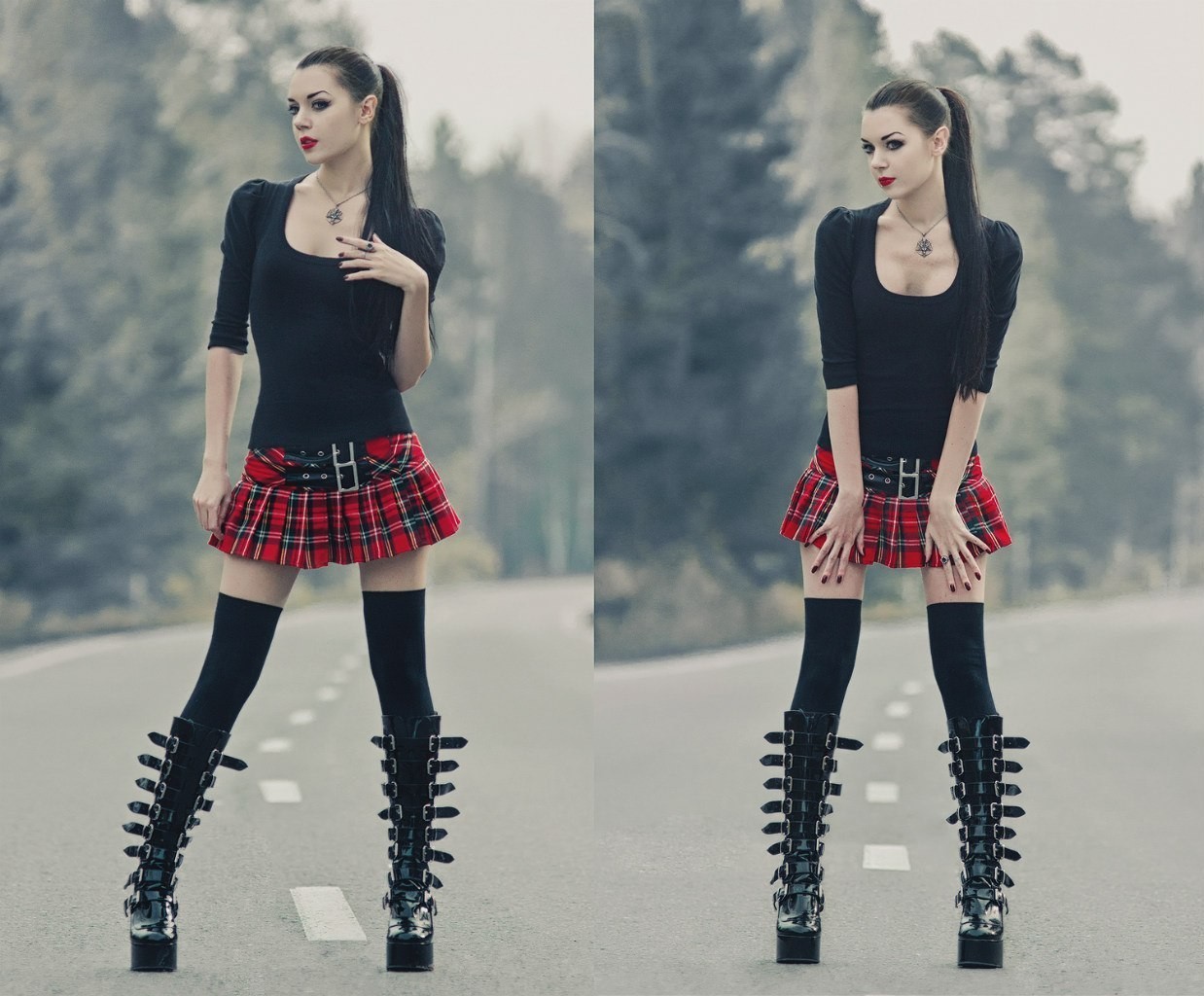 Dark Hair Boots Ponytail Plaid Skirt Goths Alternative Subculture Women 1238x1024