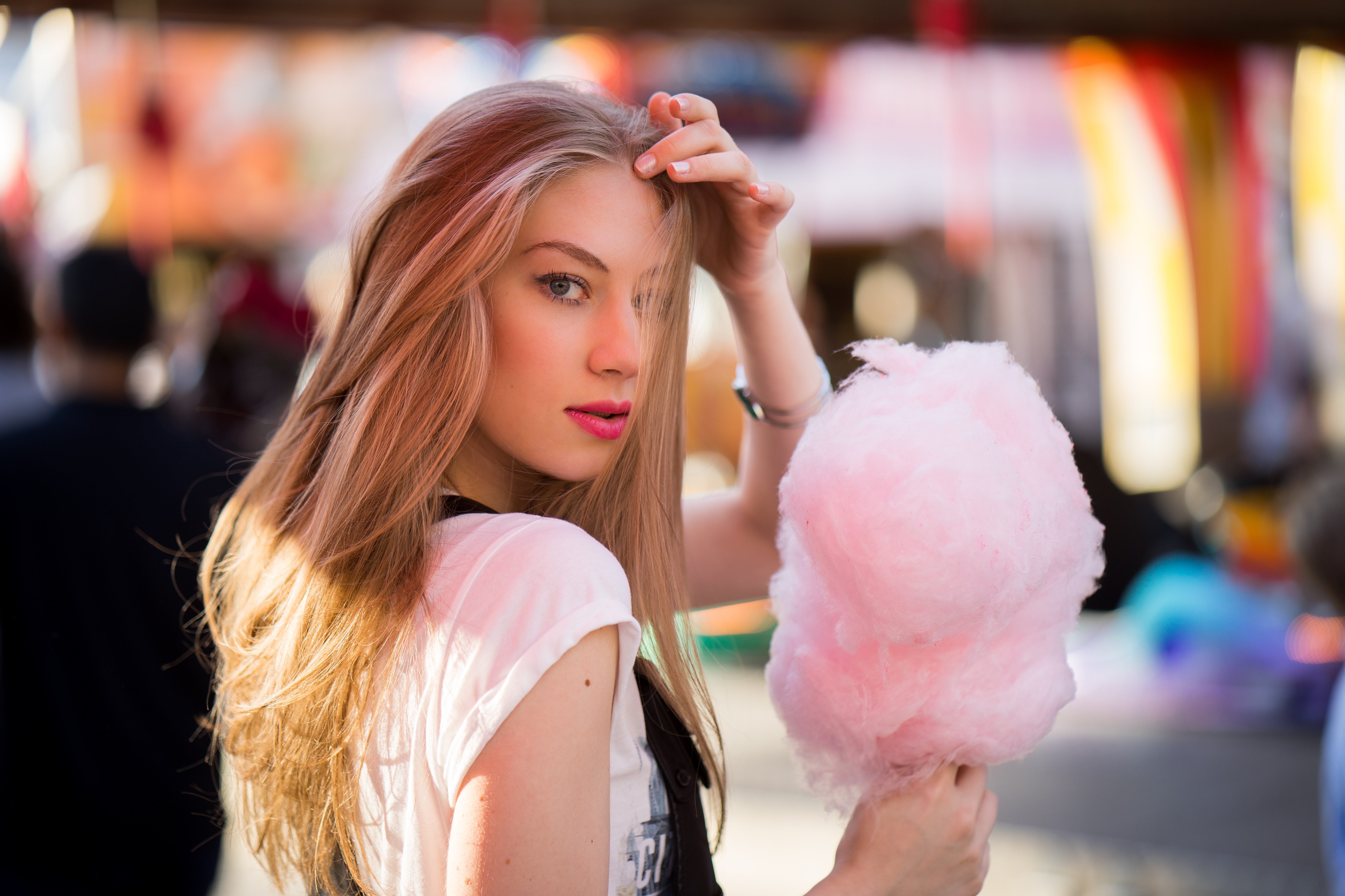 Woman Model Girl Candy Blonde Blue Eyes Depth Of Field Cotton Candy 6000x4000