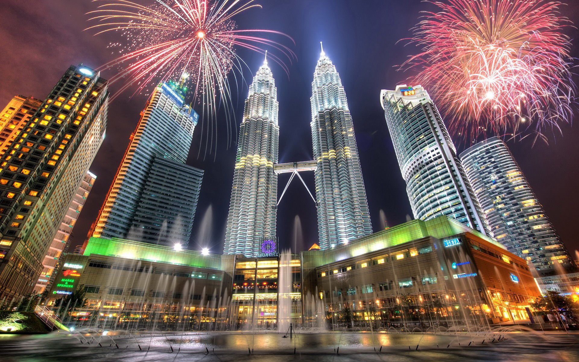 Fireworks Building City Tower Petronas Towers Malaysia Kuala Lumpur Skyscraper Fountain 1920x1200