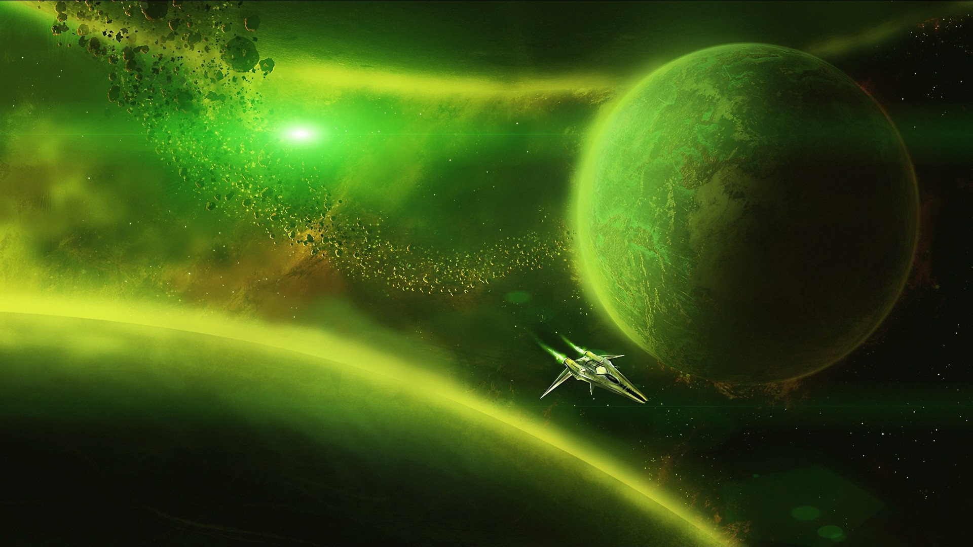 Digital Art Universe Space Planet Stars Spaceship Meteors Lights Green 1920x1080