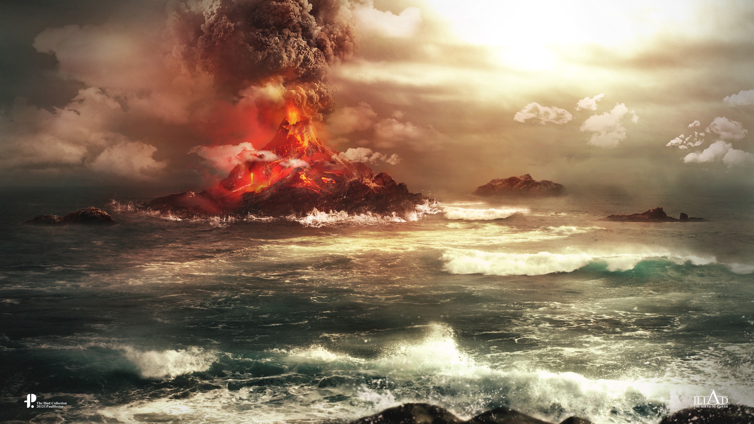 Eruptions Lava Volcano Sea Nature Artwork Digital Art Sky 2560x1440