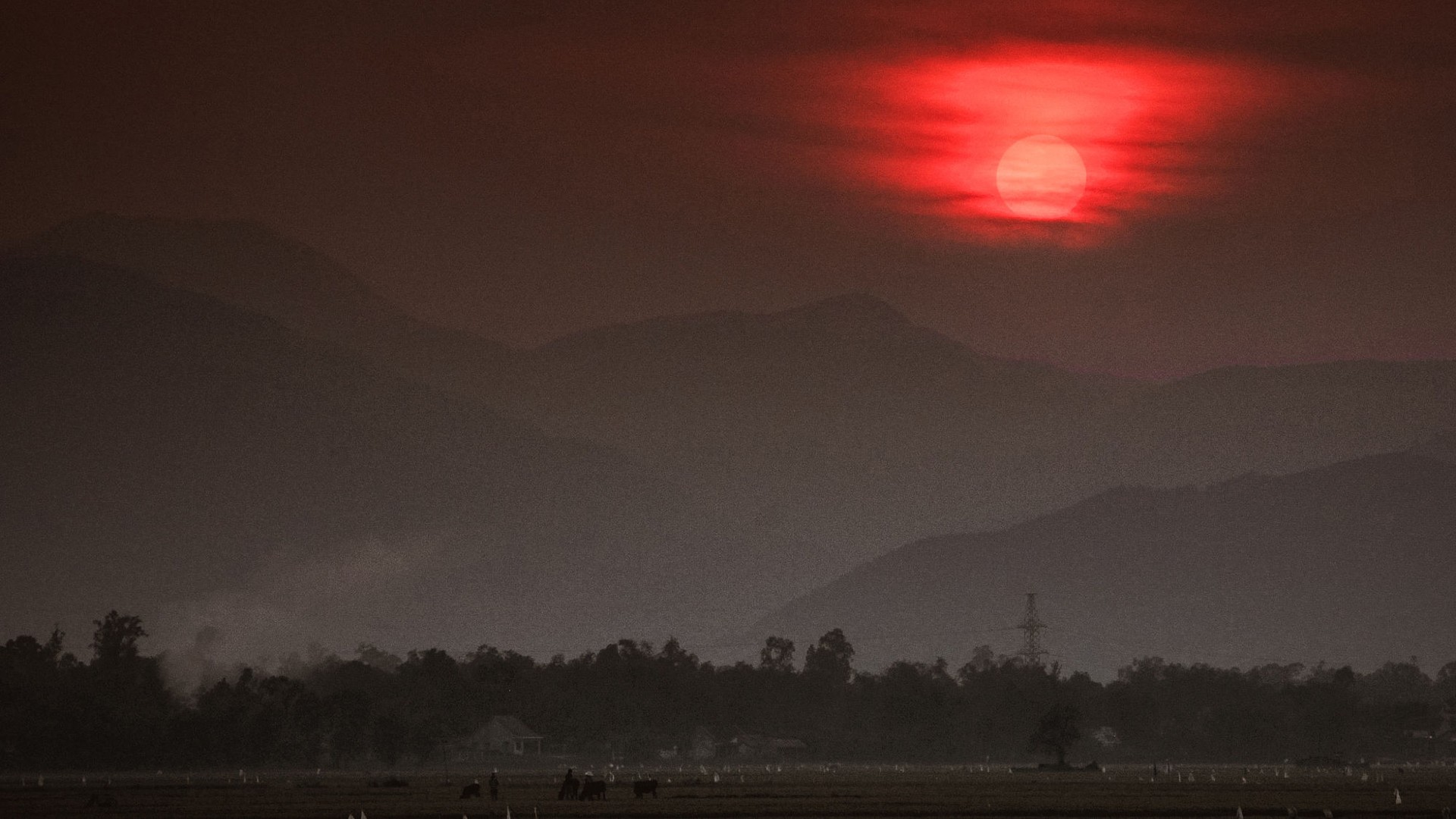 Sunset Red Sun Clouds Mountains Valley 1920x1080