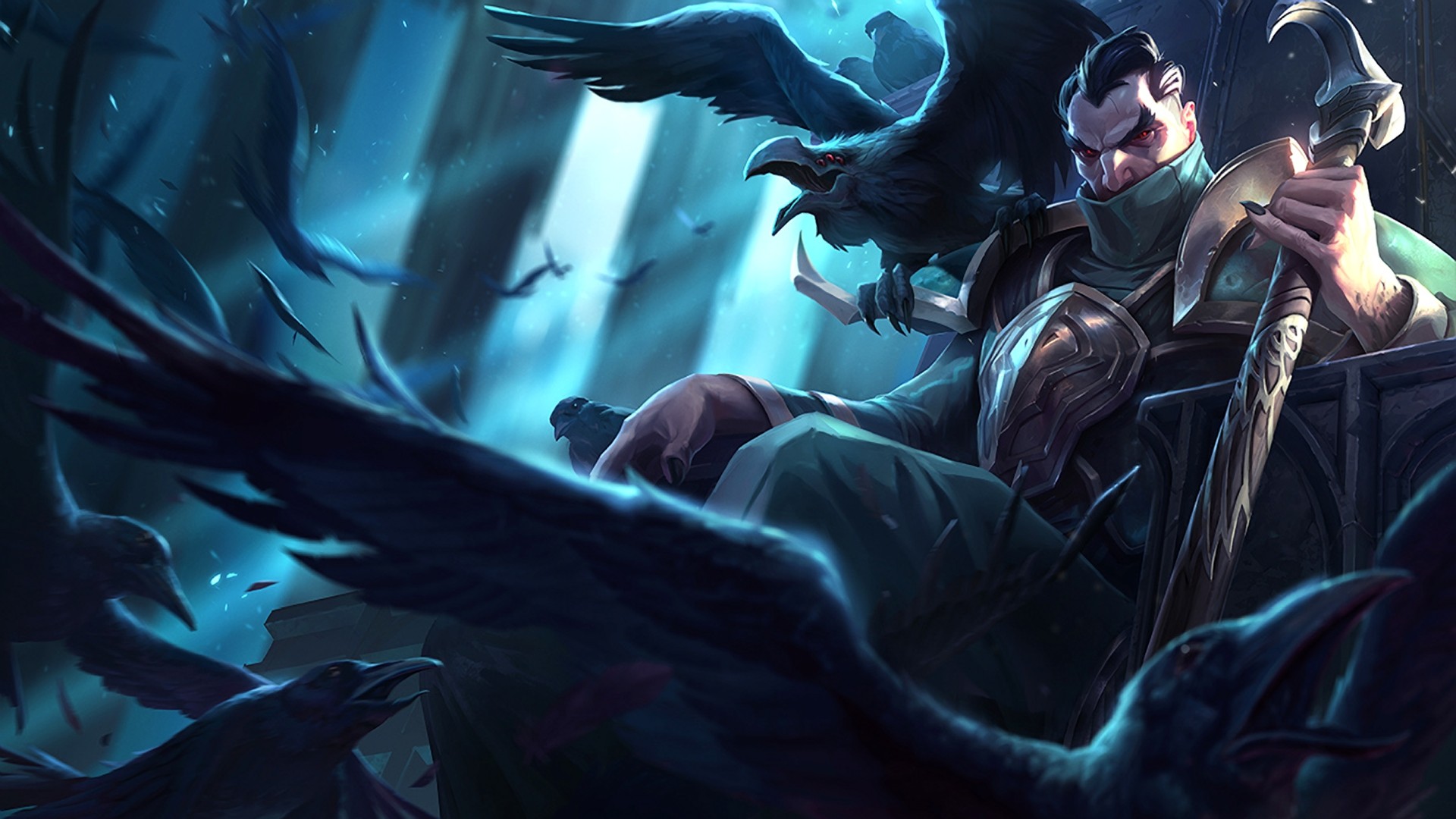 League Of Legends Swain Fantasy Men Red Eyes PC Gaming Cyan 1920x1080