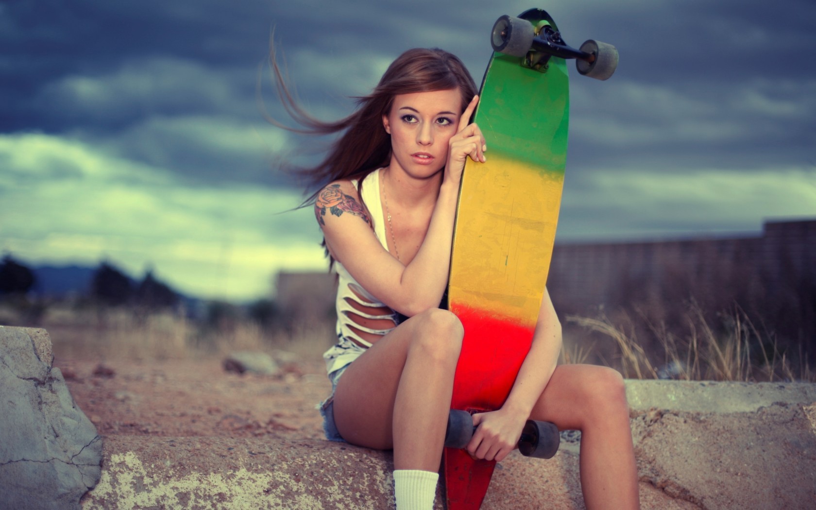 Women Skateboard Brunette Longboard Women Outdoors Tattoo Teravena Sugimoto Ripped Clothes Windy 1680x1050