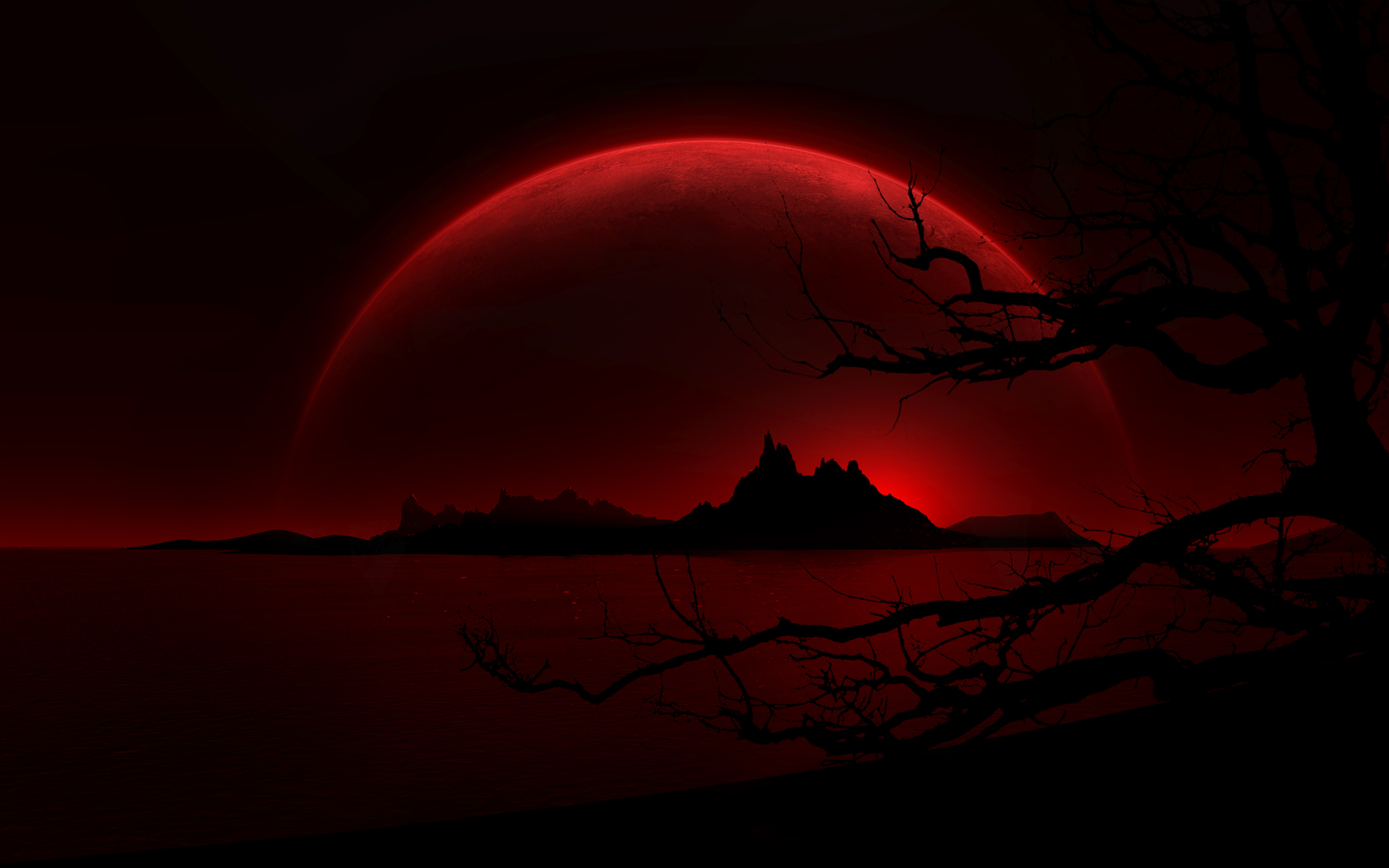 Moon Red Night Landscape Black 1680x1050
