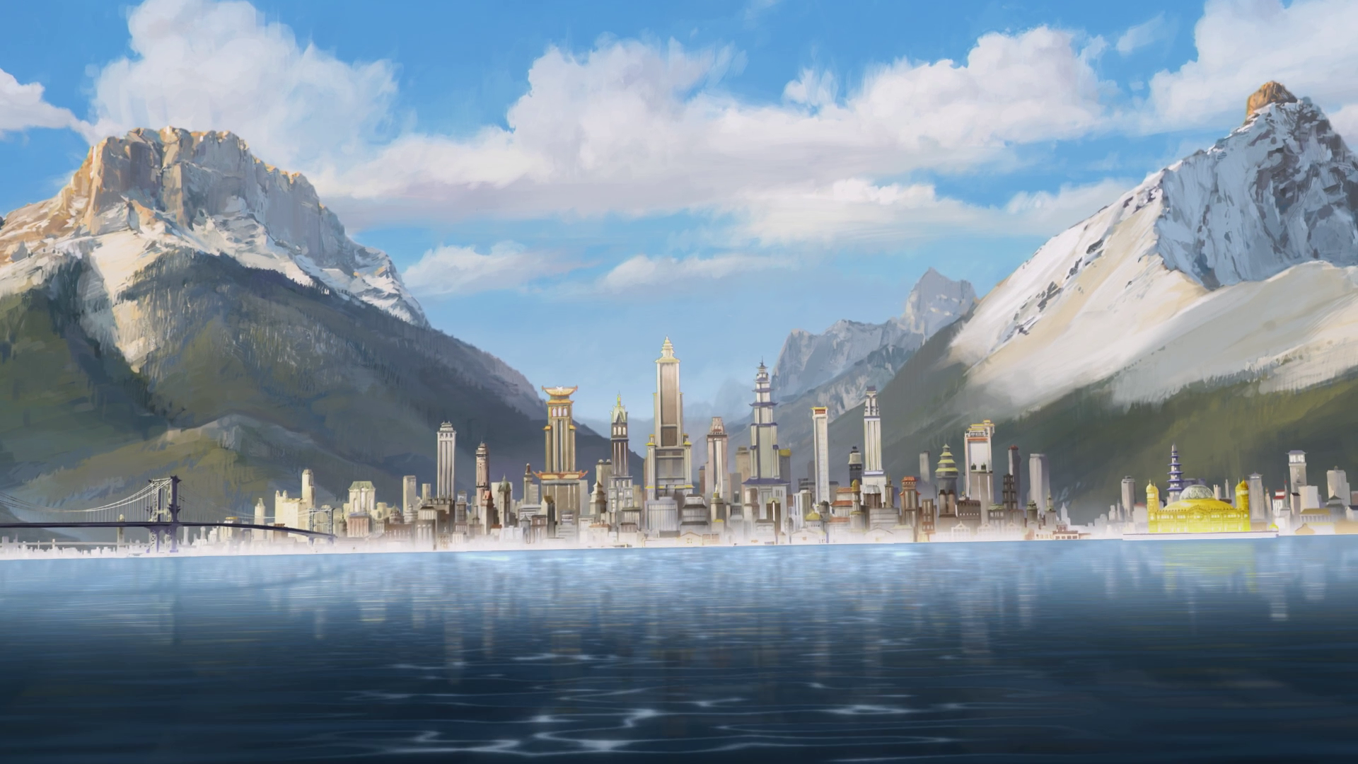 Digital Art Painting Mountains Lake Bridge Cityscape Skyscraper Snow Clouds Reflection Avatar Republ 1920x1080