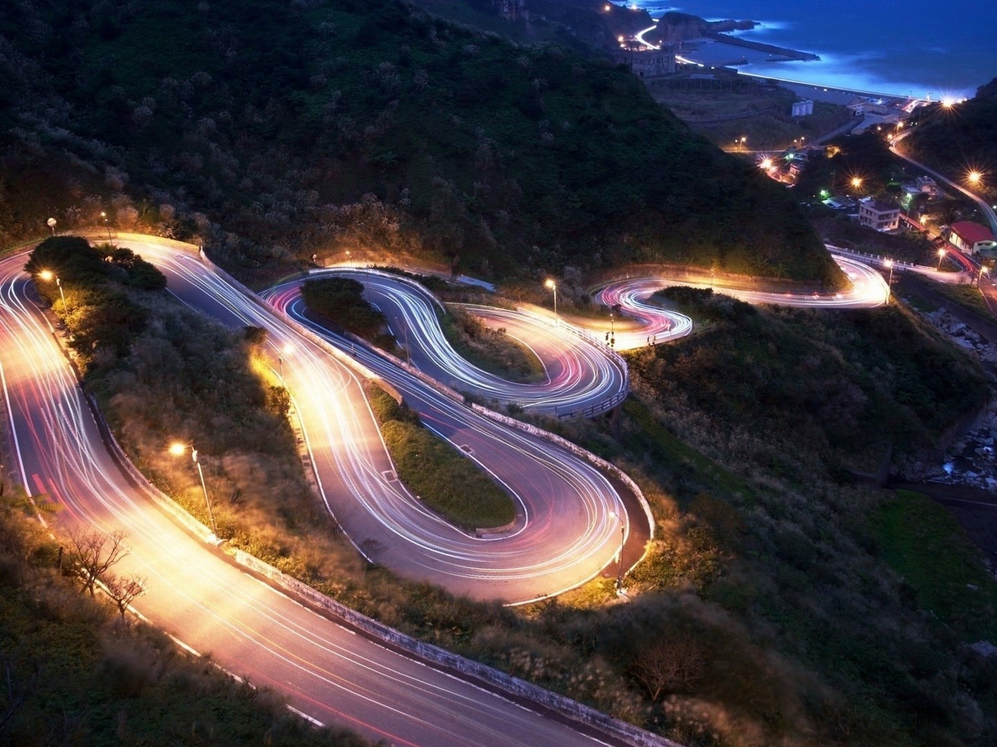 Touge Hairpin Turns Light Trails Road Zig Zag Long Exposure 1440x1080