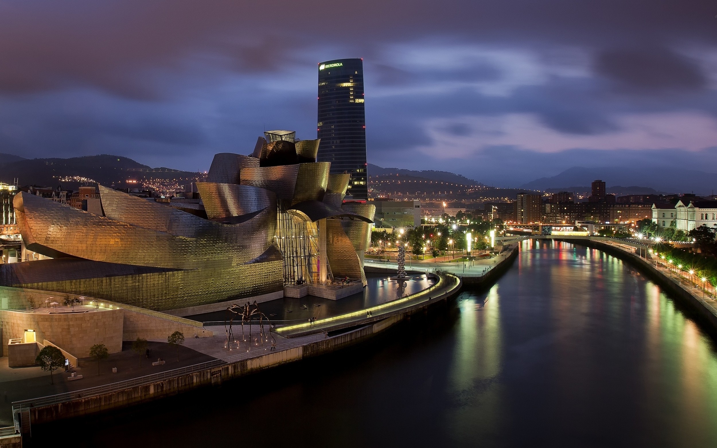 Landscape Bilbao Spain Museum Skyscraper Architecture River Hills Lights Night Guggenheim Frank Gehr 2500x1563