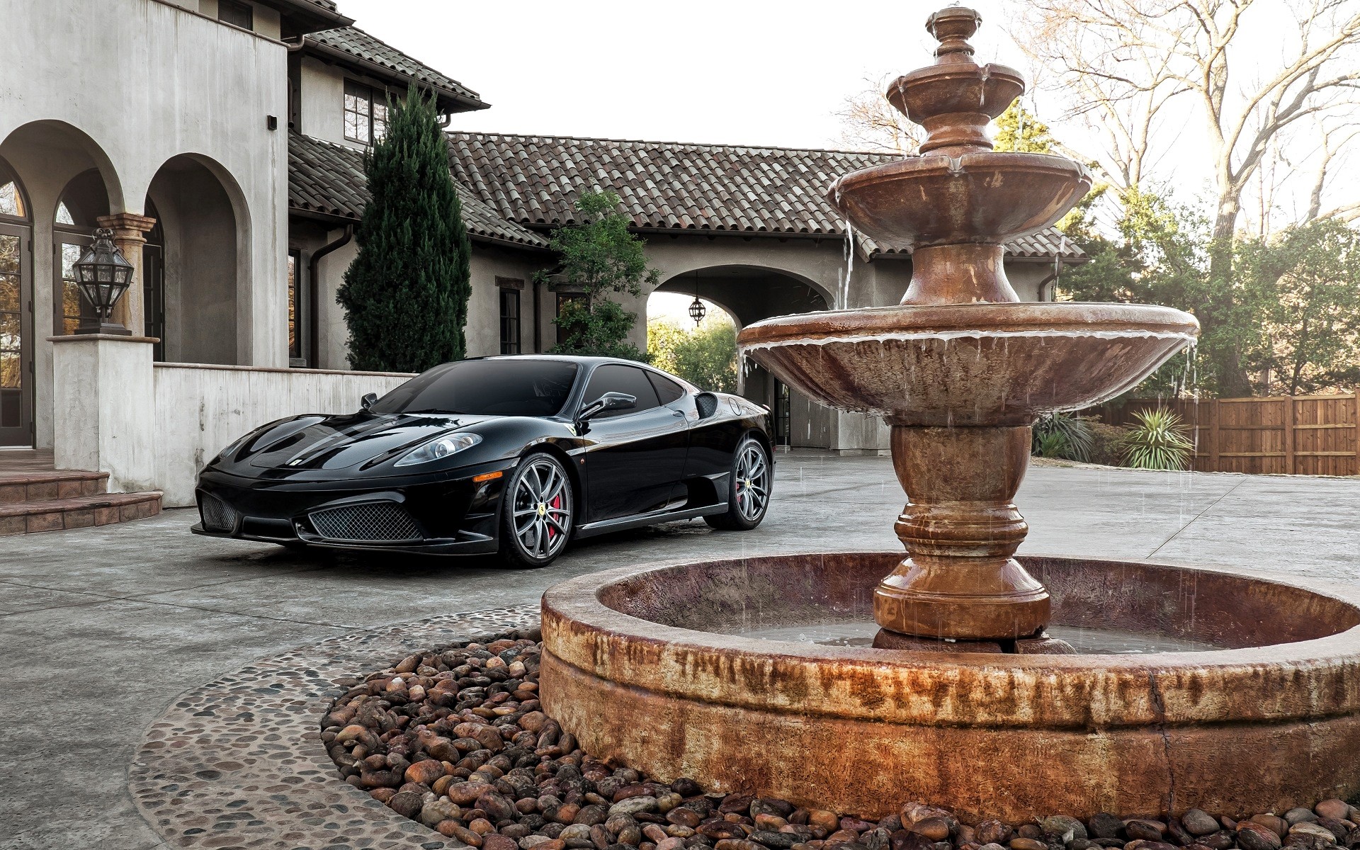 Car Sports Car Trees Road Ferrari Ferrari F430 Fountain Stones House Mansions Vehicle Black Cars 1920x1200