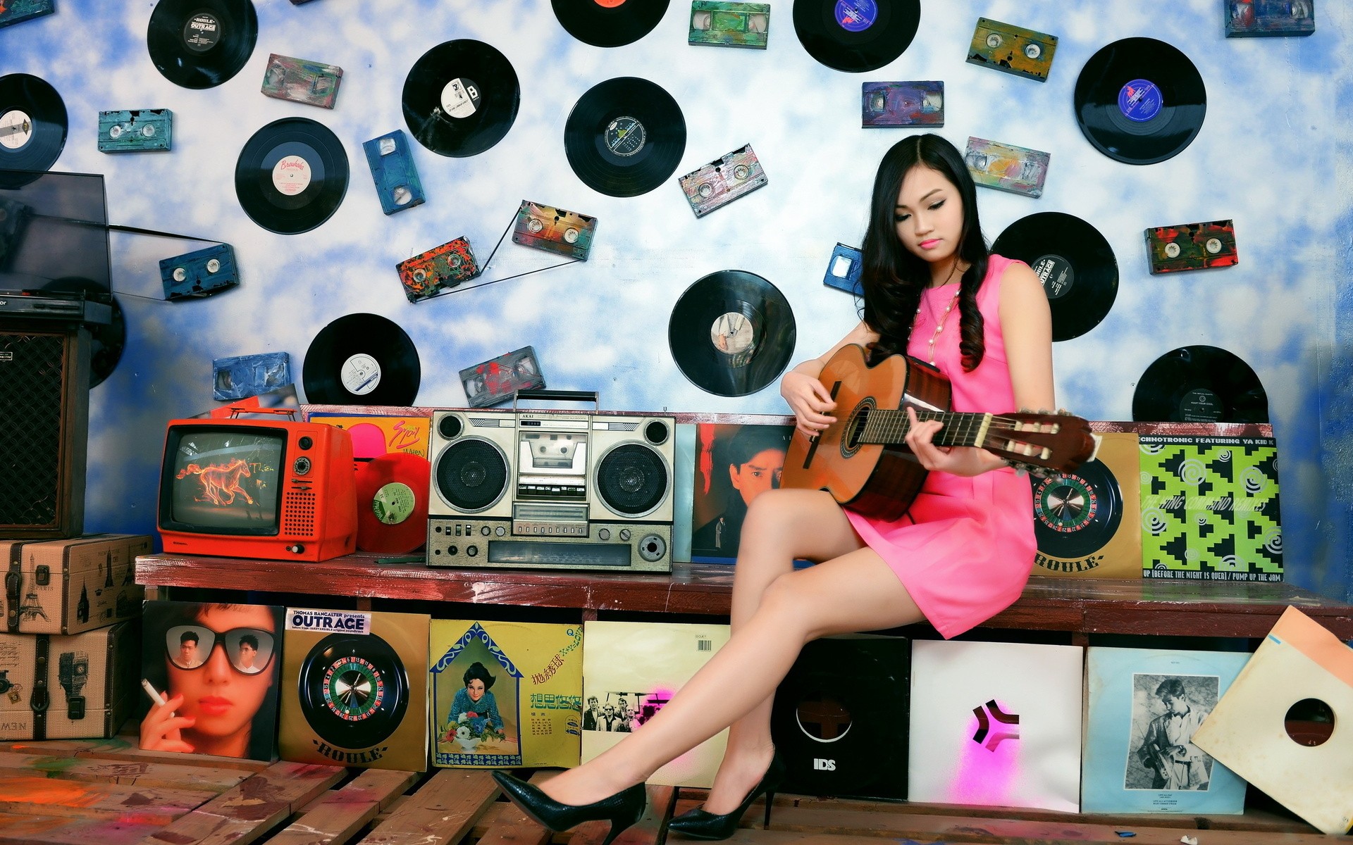 Women Model Brunette Long Hair Asian Pink Dress Music Guitar Vinyl Cassette Television Sets Radio Pl 1920x1200