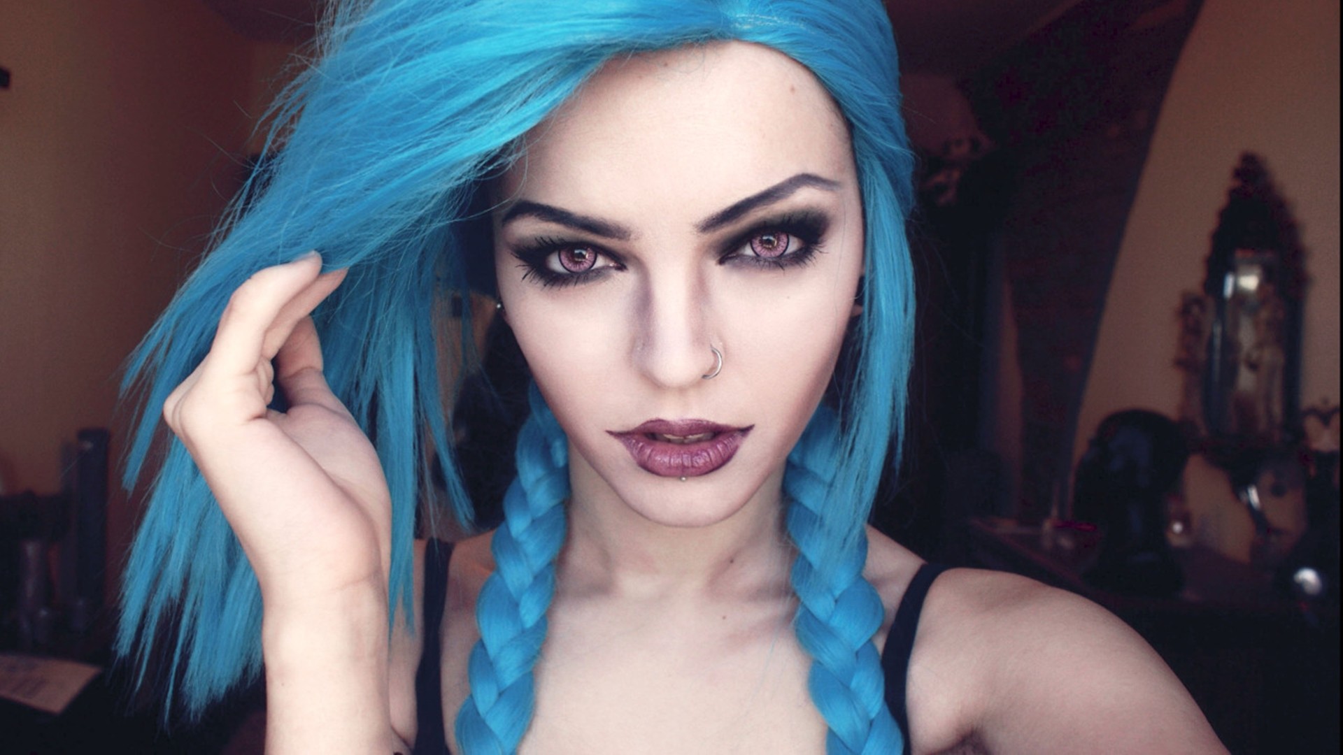 Cosplay Andrasta Jinx League Of Legends Cyan Purple Eyes Looking At Viewer Nose Rings Purple Lipstic 1920x1080