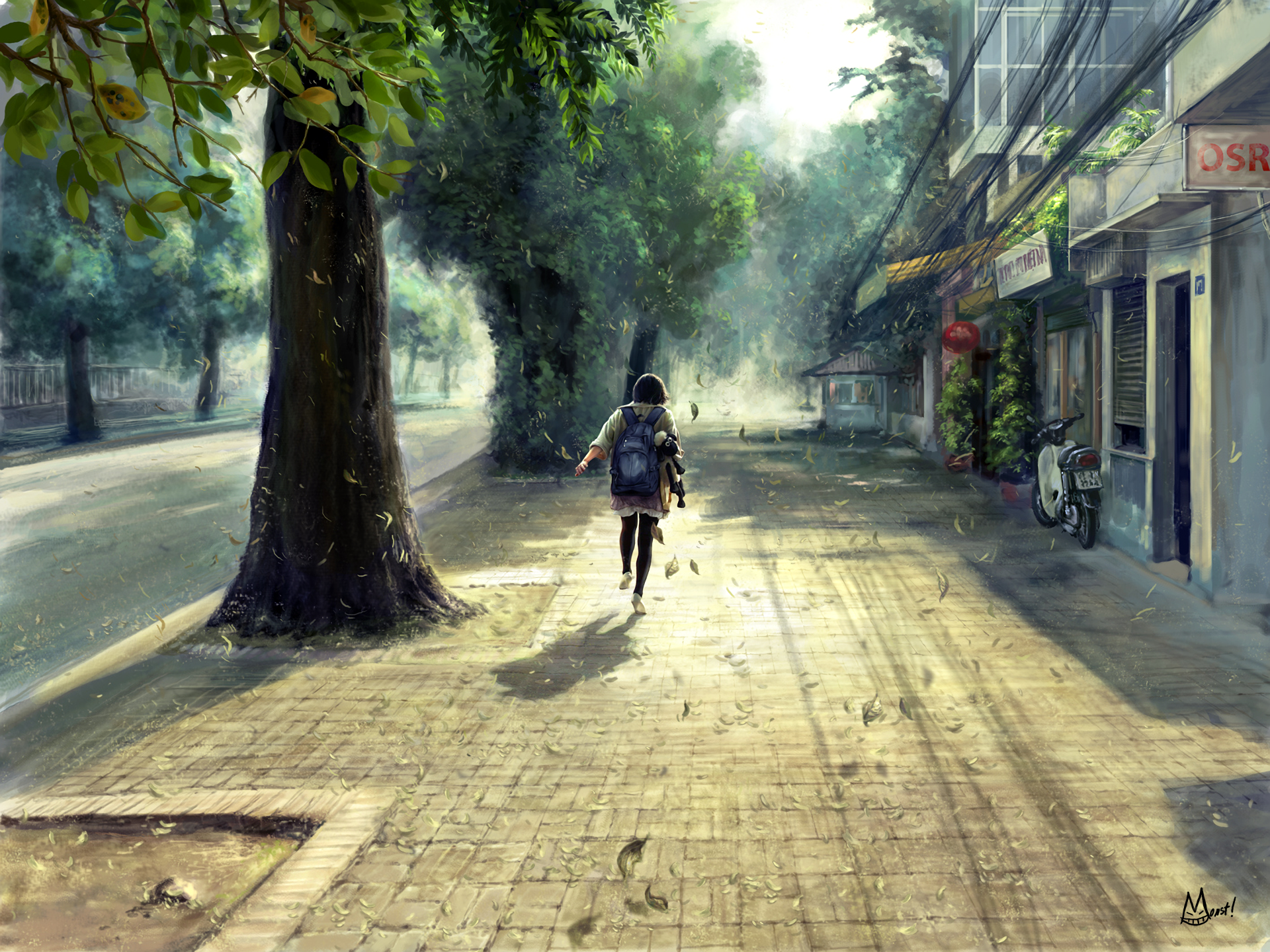 Street Girl Original Anime Running Wind Tree Backpack 1920x1440