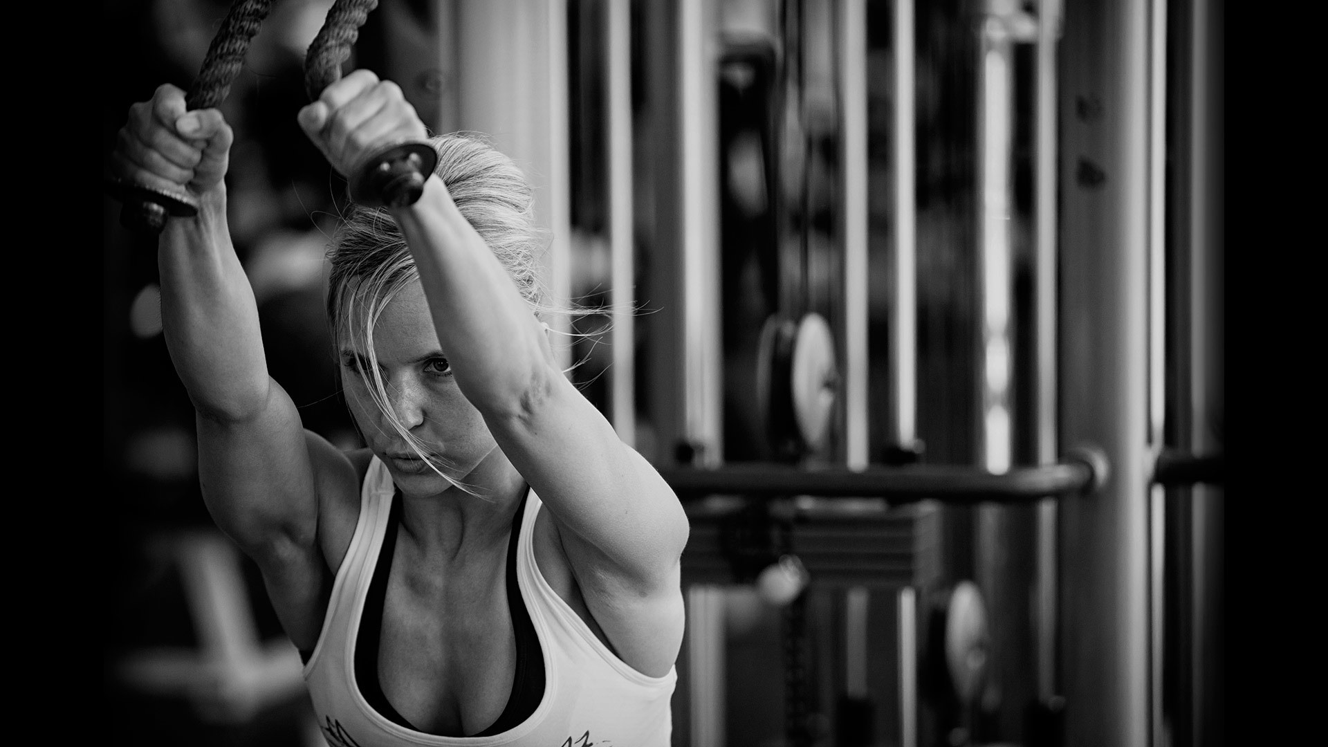 Gym Clothes Women Blonde Monochrome Muscular Focused Hair In Face Exercise 1920x1080