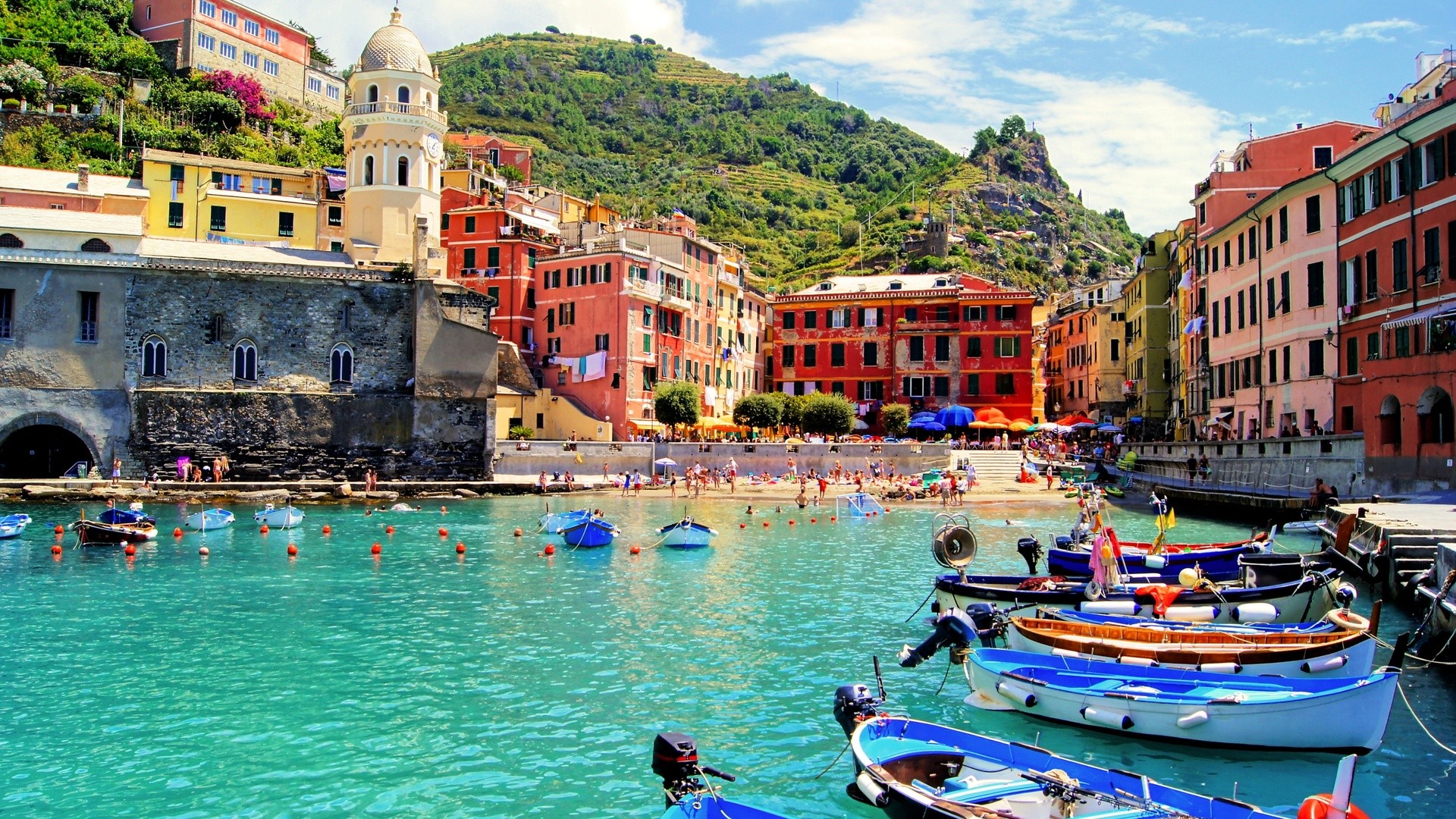 City Italy Vernazza Town Cityscape Boat People 1920x1080