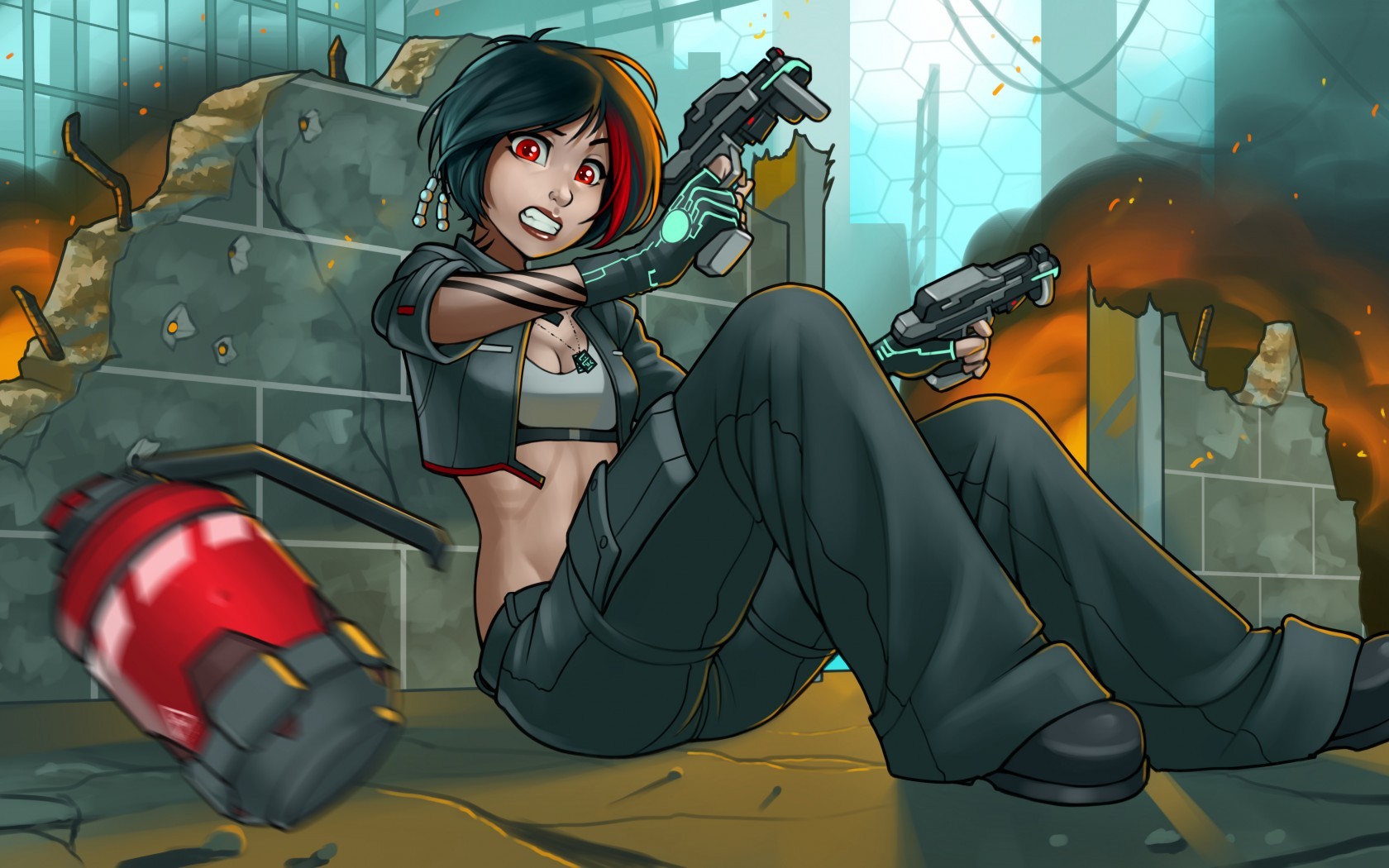 Women Artwork Grenades Gun Weapon Red Eyes Tattoo Short Hair Girls With Guns 1680x1050