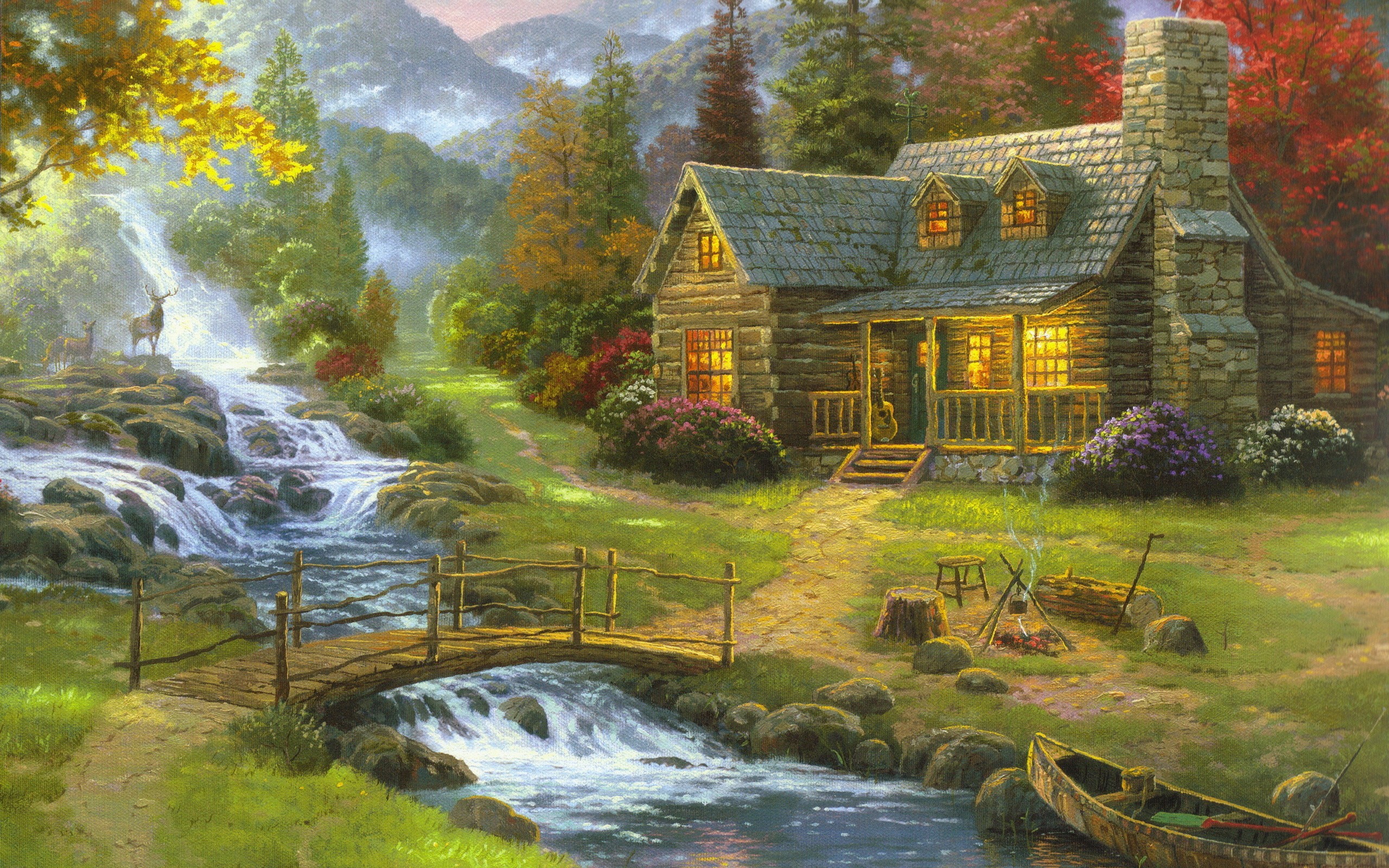 Building Thomas Kinkade Cottage Waterfall Deer Bridge Canoes Artwork 2560x1600
