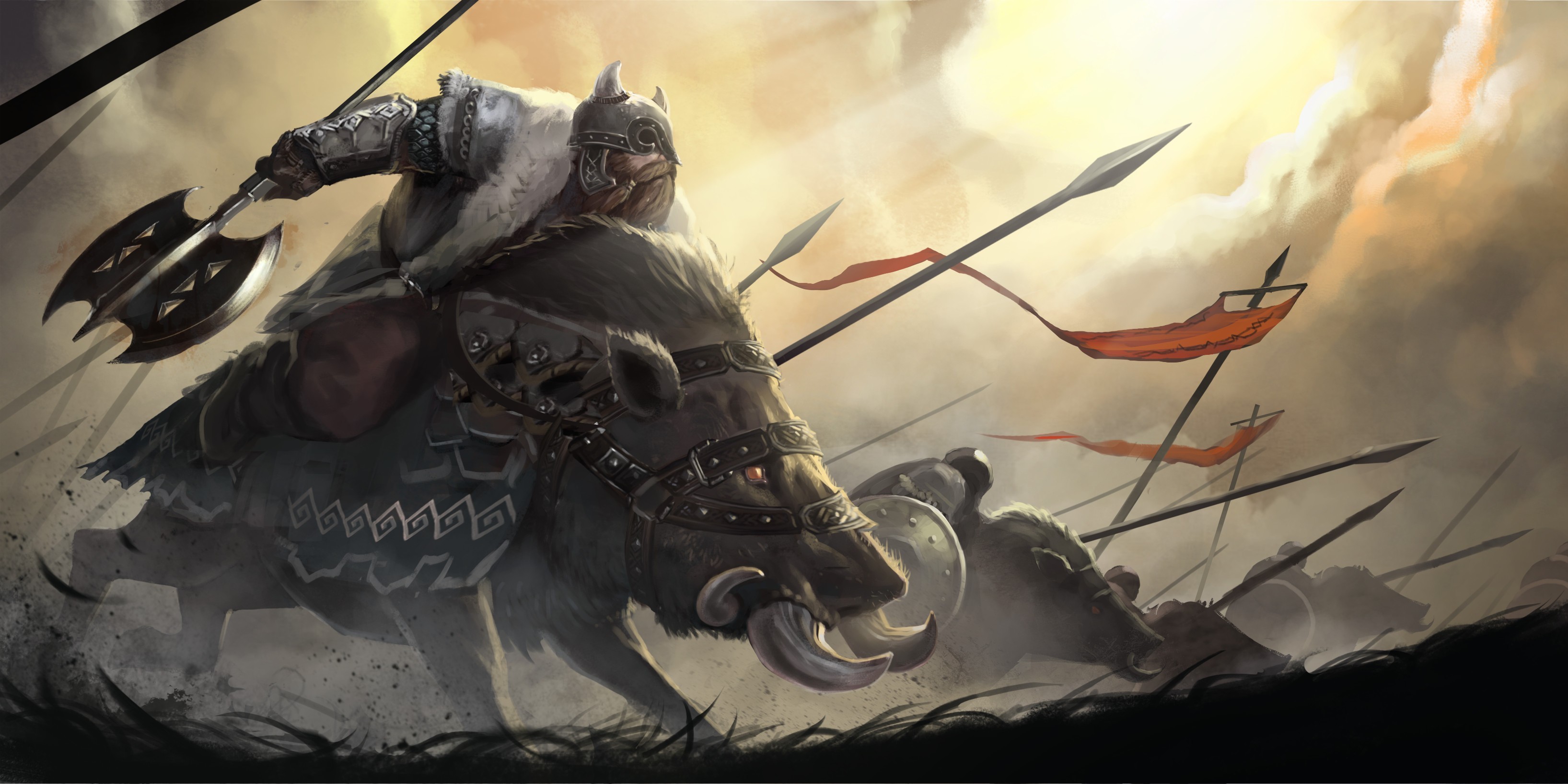 Fantasy Art Dwarfs Axes Battle Boars Artwork 3271x1635