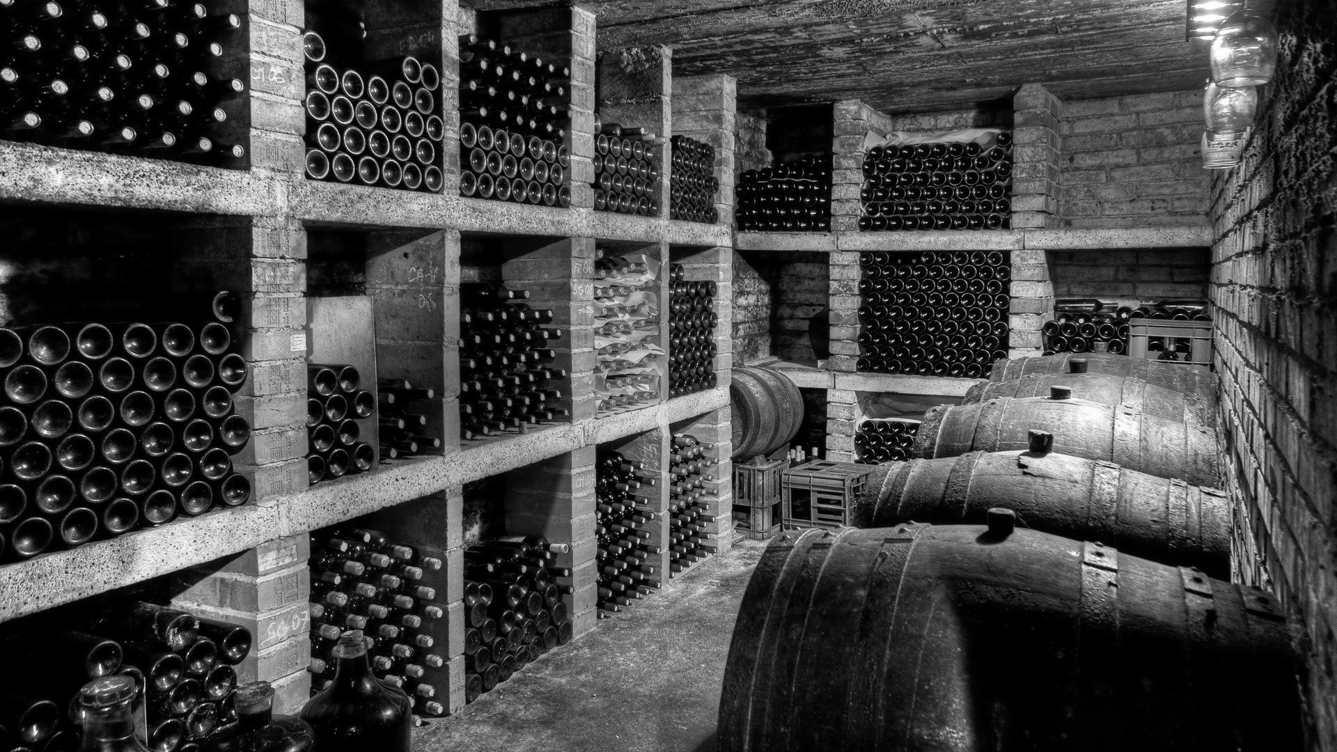 Monochrome Photography Cellars Bottles Barrels Wine Shelves Drinking Glass Bricks Cork 1920x1080