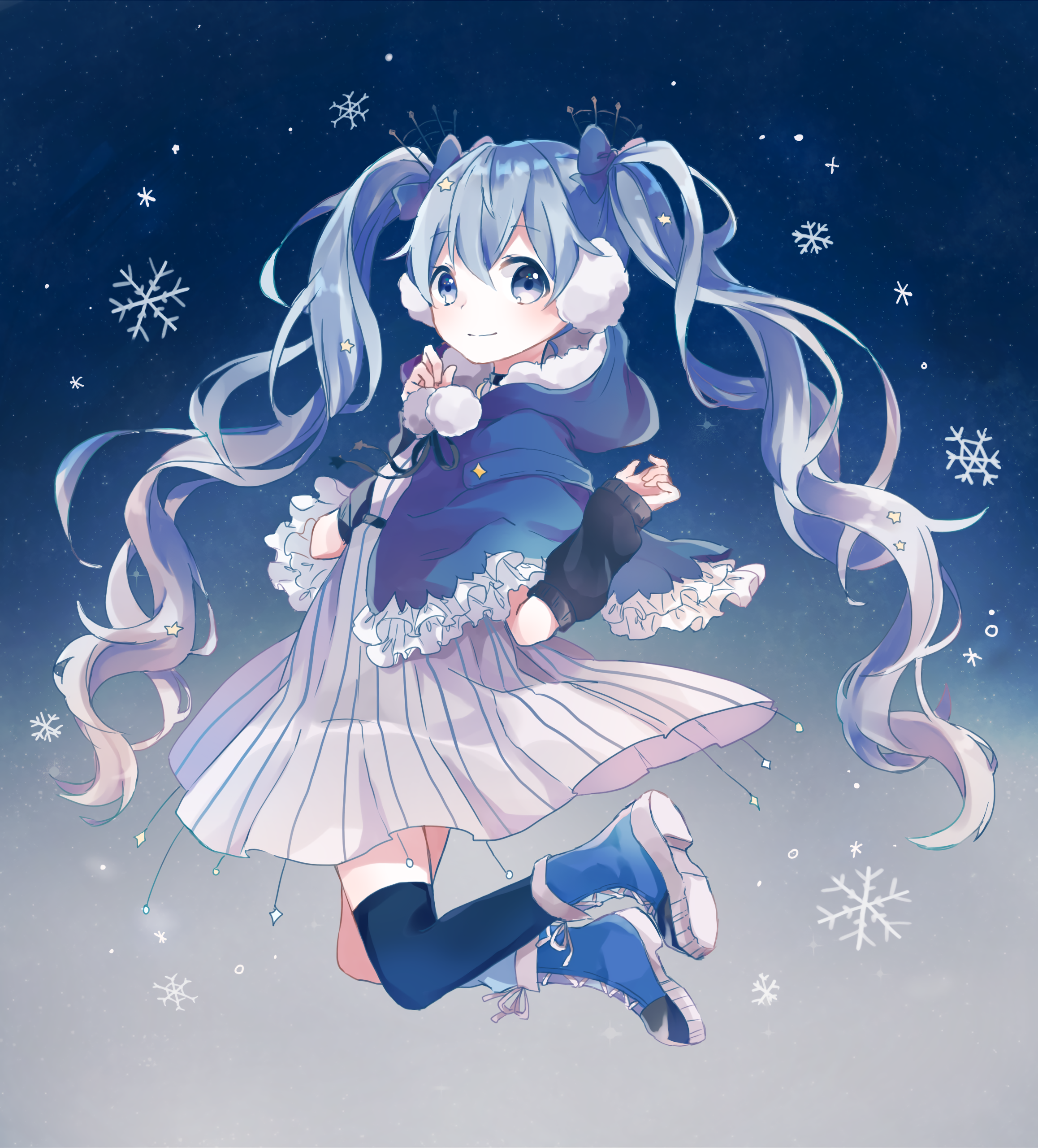 Anime Anime Girls Blue Hair Long Hair Blue Eyes Twintails Skirt Winter Snow Flakes Shoes Blue Shoes  2316x2560