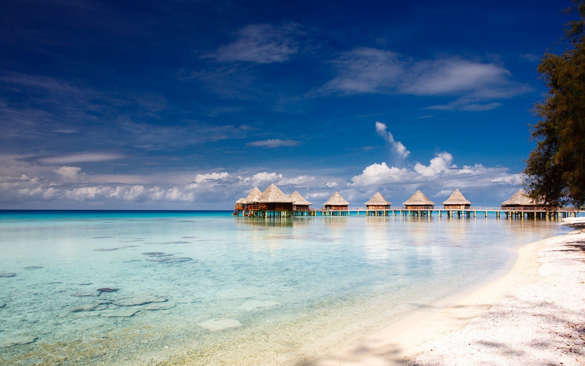 Atolls Island Beach French Polynesia Nature Landscape Sea Clouds Tropical Sky Bungalow Resort Summer 1920x1200