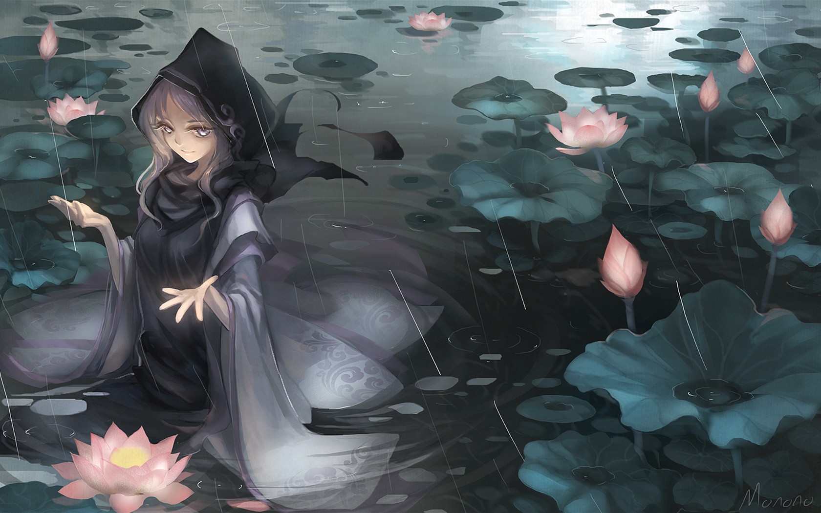 Ichirin Kumoi Lotus Water Rain 1680x1050