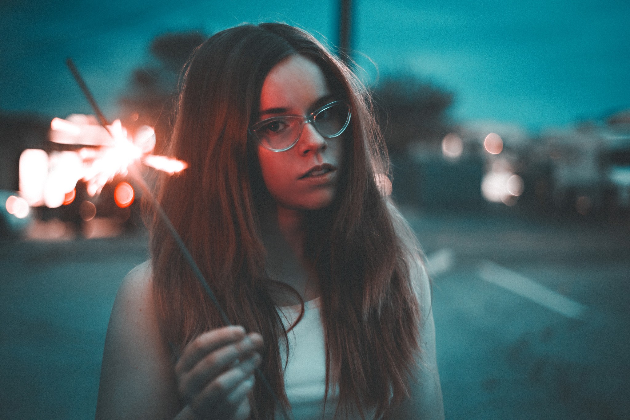 Women Brunette Women With Glasses Looking At Viewer Sparkler Glasses Urban Women Outdoors Long Hair 2048x1367