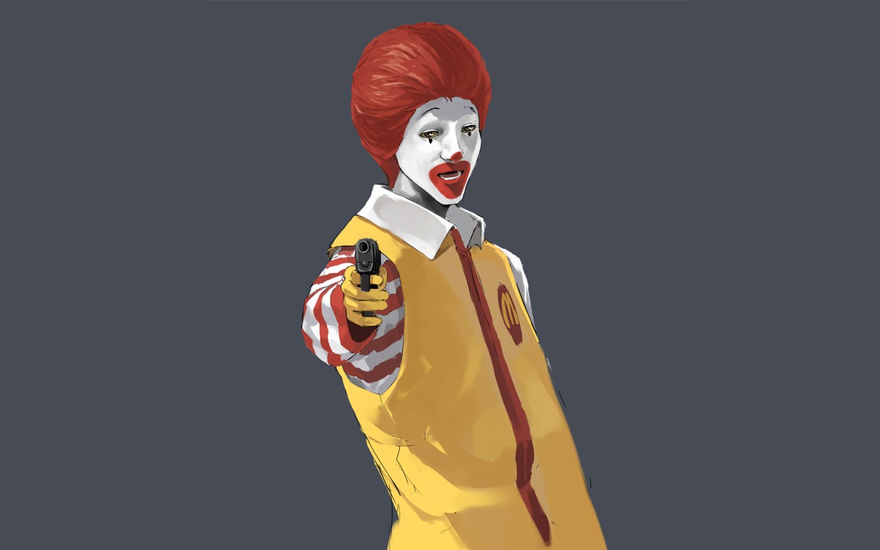 McDonalds Gun Ronald McDonald Dark Humor Simple Background Redhead Clown Looking At Viewer Pistol 1280x800