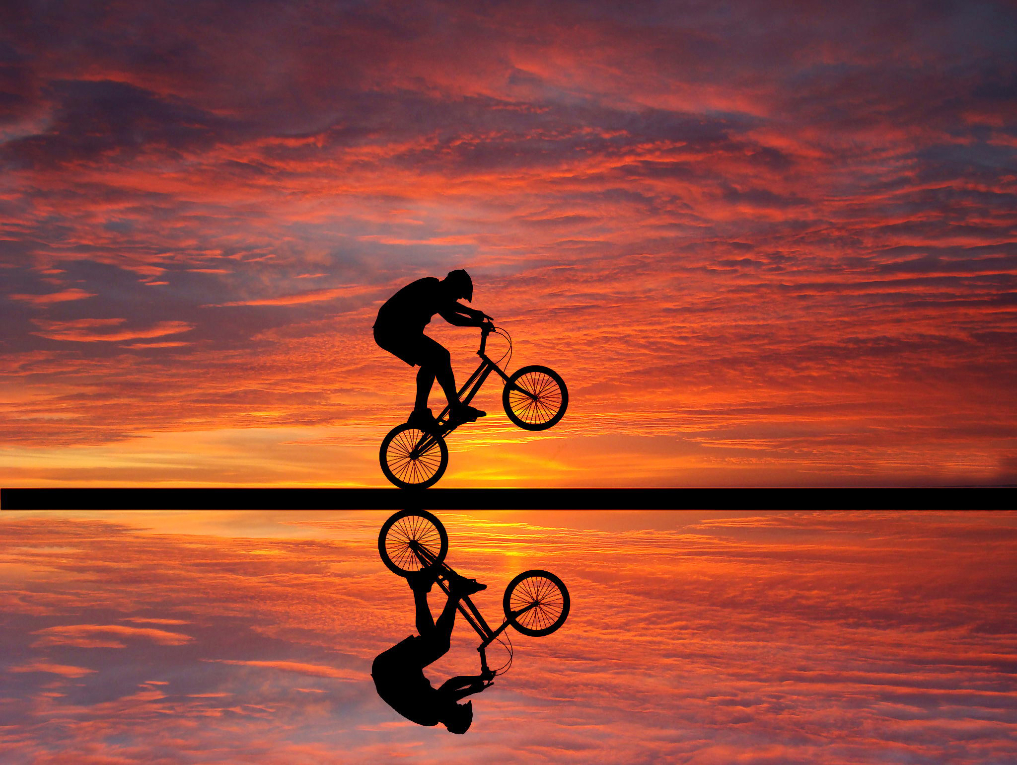 Bike BMX Sunset Reflection Sky Cloud Sport Silhouette 2048x1540