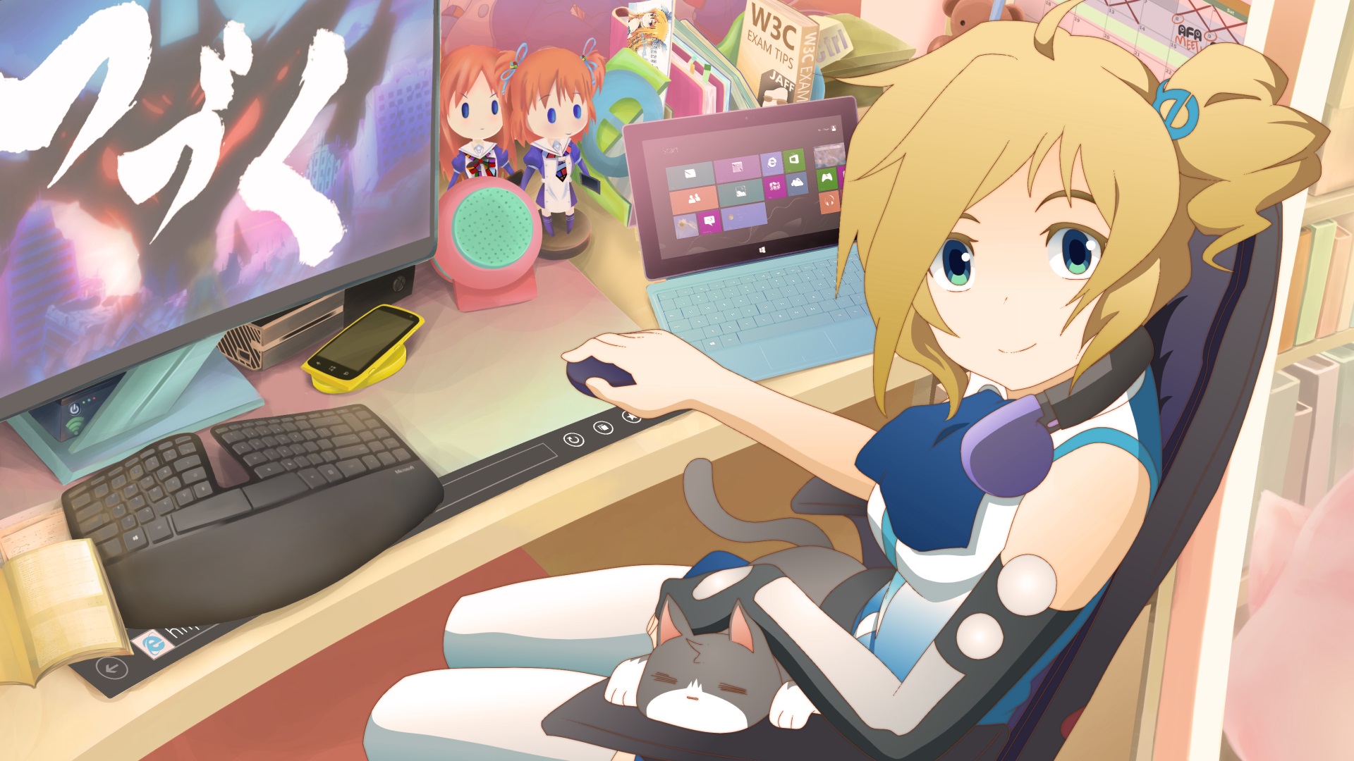 Anime Anime Girls Internet Explorer Aizawa Inori Computer Keyboards Sitting Cats Animals Blonde Moni 1920x1080