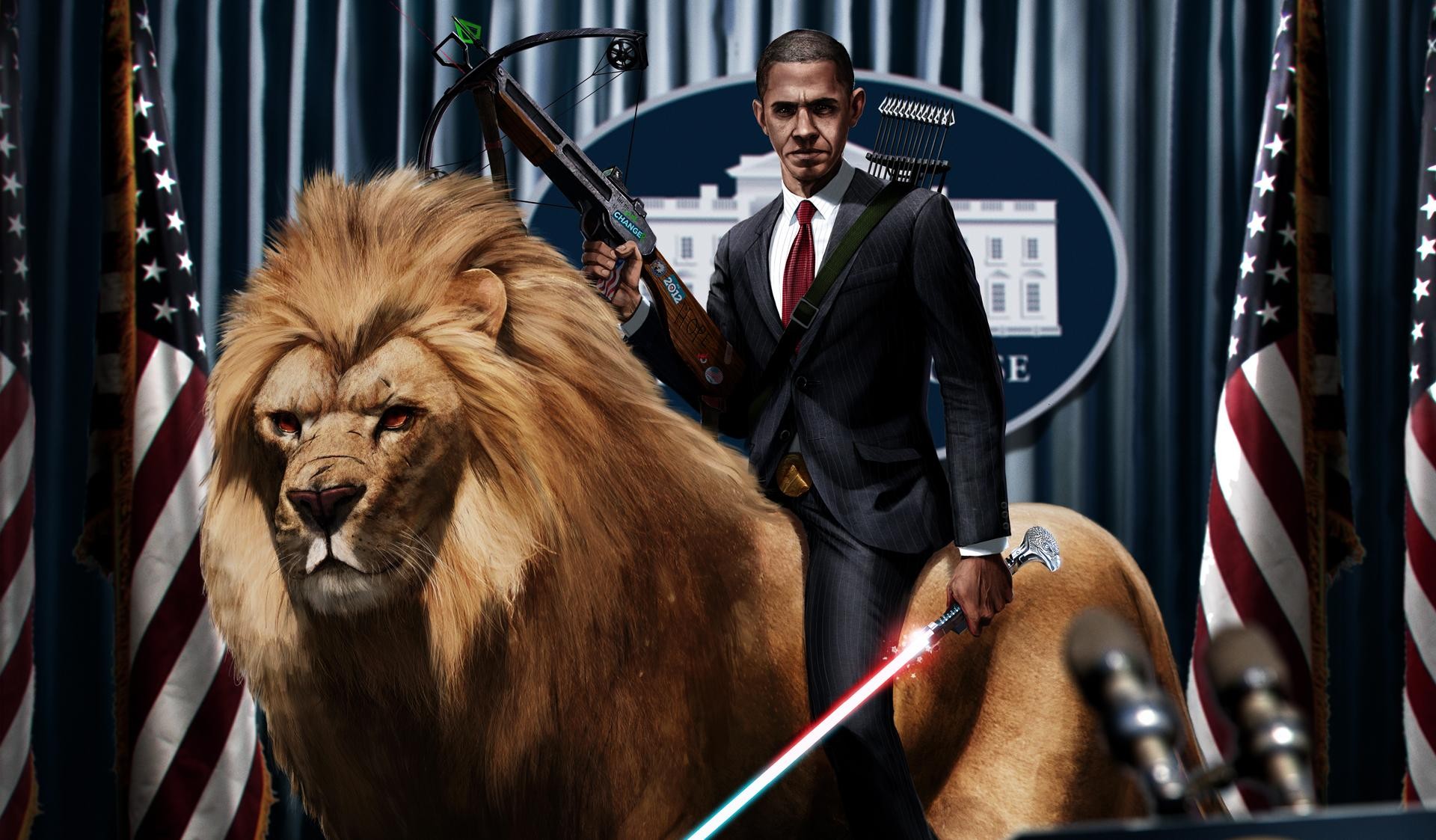 Barack Obama Digital Art Artwork Lightsaber Lion Crossbows Presidents Humor Flag 1920x1123