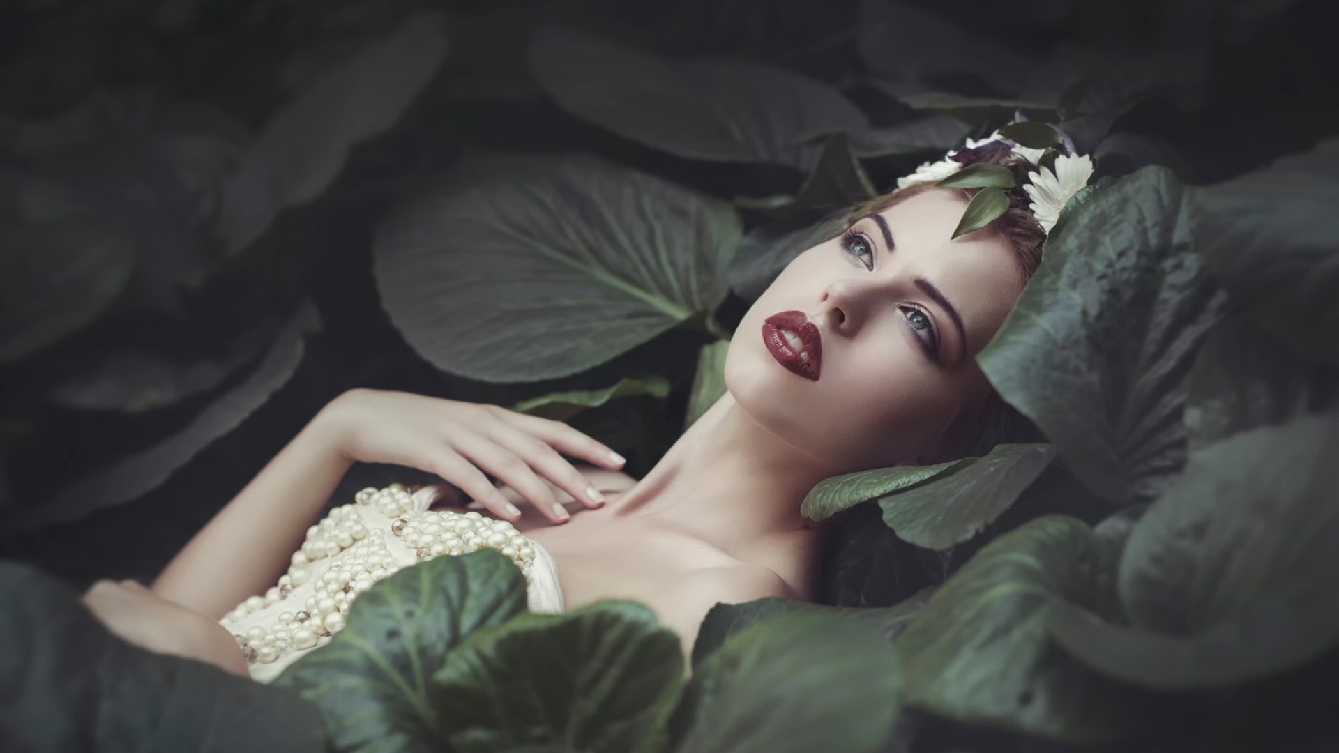 Women Nature Model Dress Women Outdoors Brunette Red Lipstick Face Open Mouth Leaves Pearls Lily Pad 1920x1080