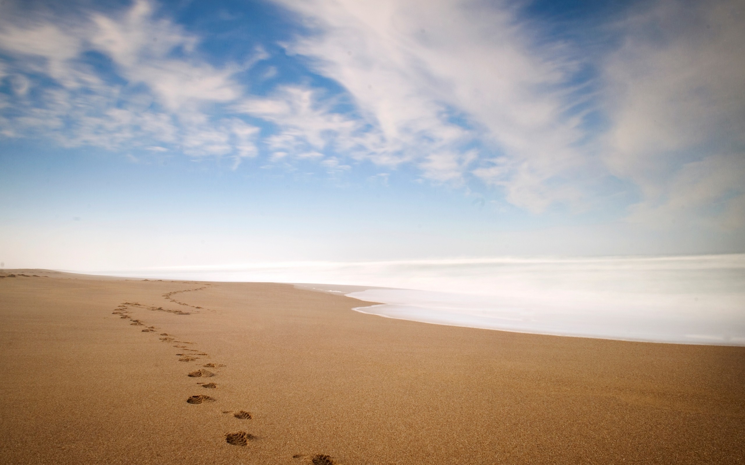 Beach Sky Footprints Clouds Sea Sand 2560x1600