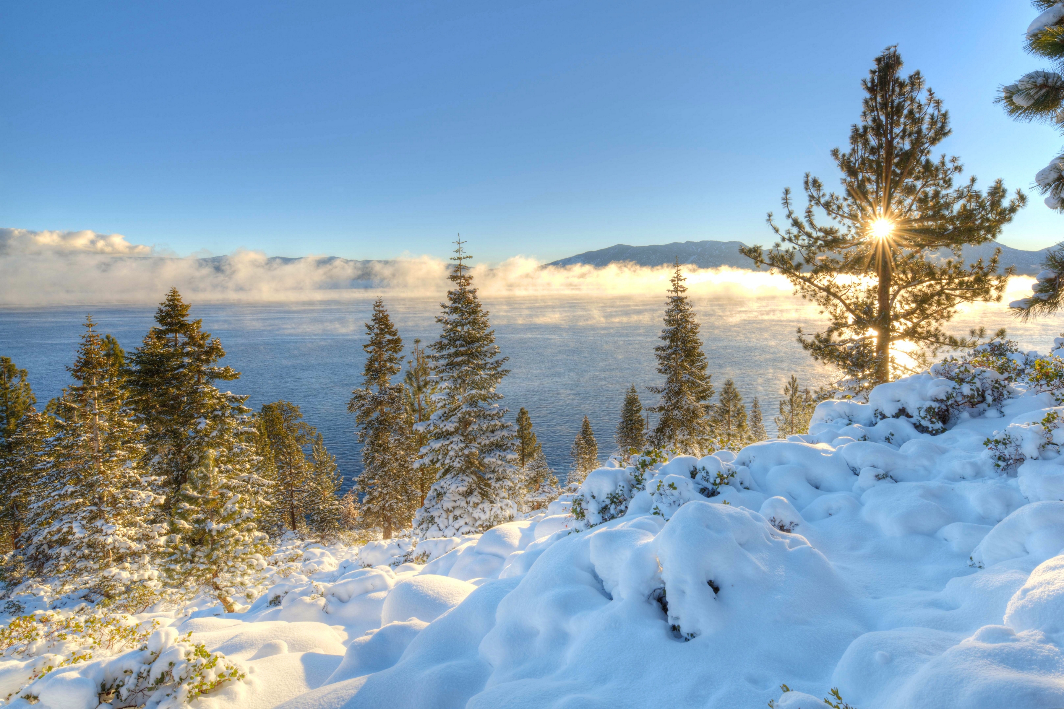 California Nevada Lake Winter Snow Sunrise Nature 3600x2400