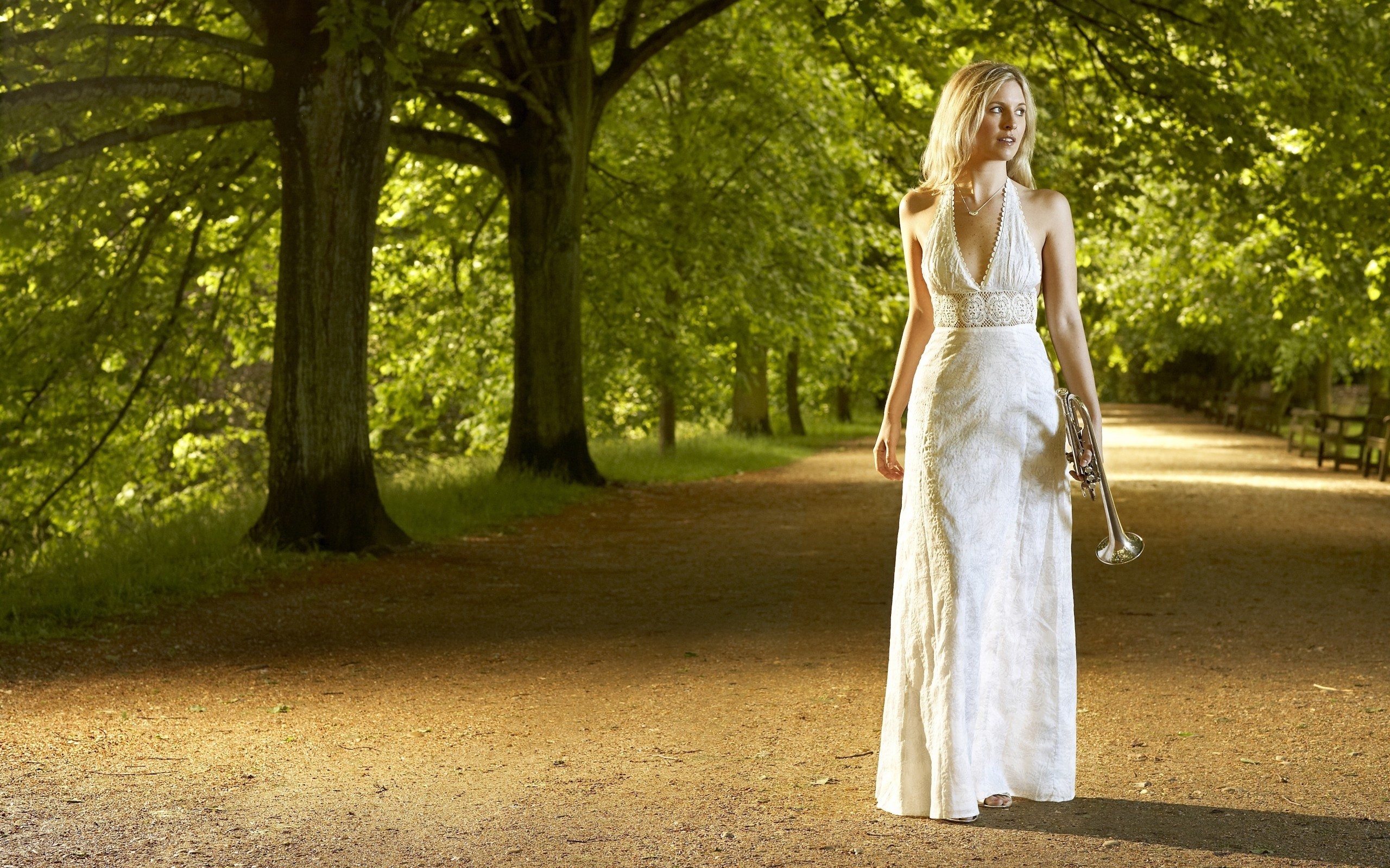 Women Model Long Hair Women Outdoors Trees White Dress Park Bench Trumpets Shadow Blonde 2560x1600